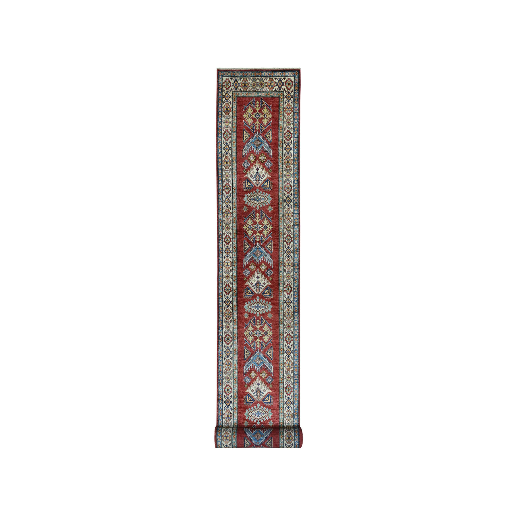 2'7"x19'9" Red Super Kazak Geometric Design XL Runner Pure Wool Hand Woven Oriental Rug 