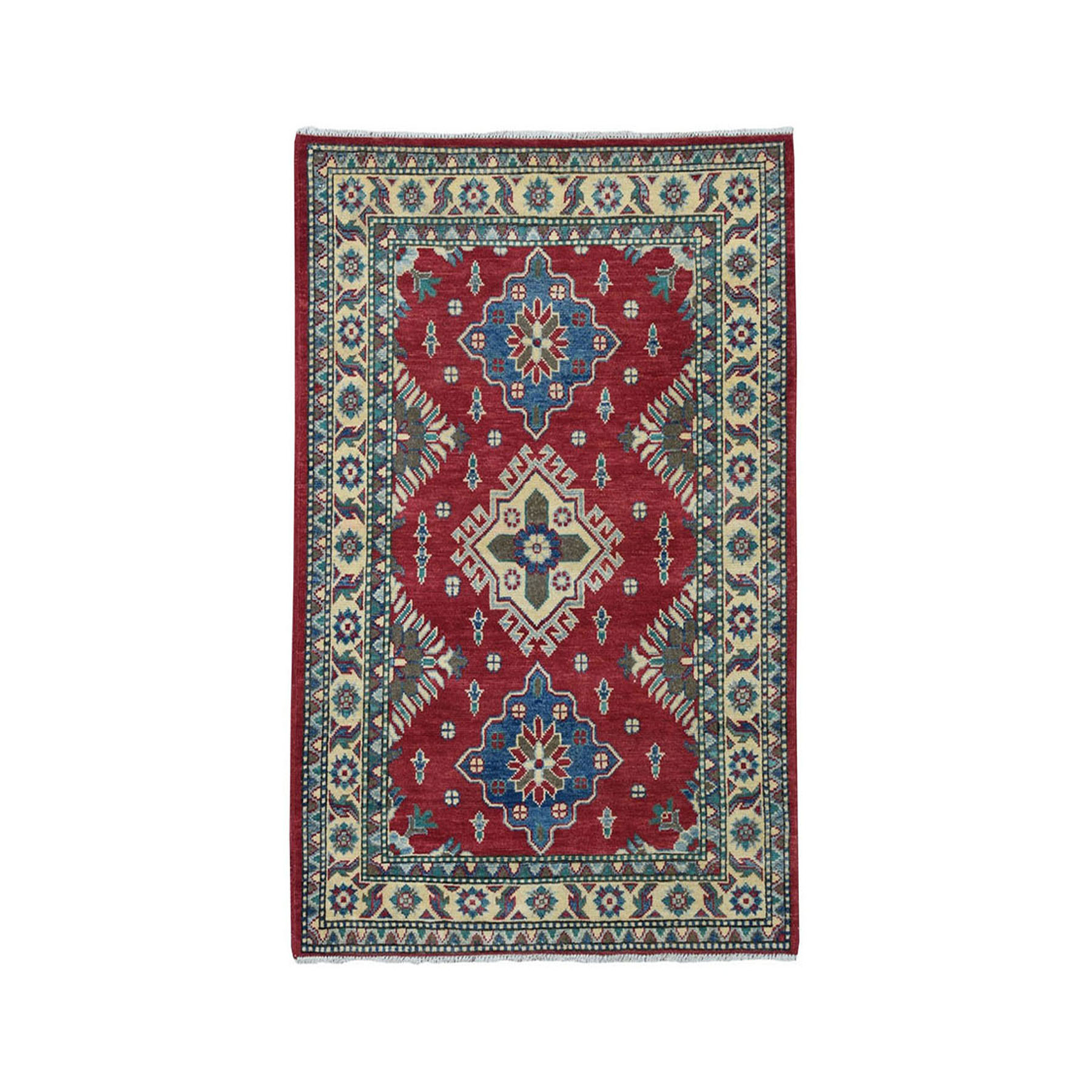 3'4"x4'9" Red Kazak Pure Wool Geometric Design Hand Woven Oriental Rug 