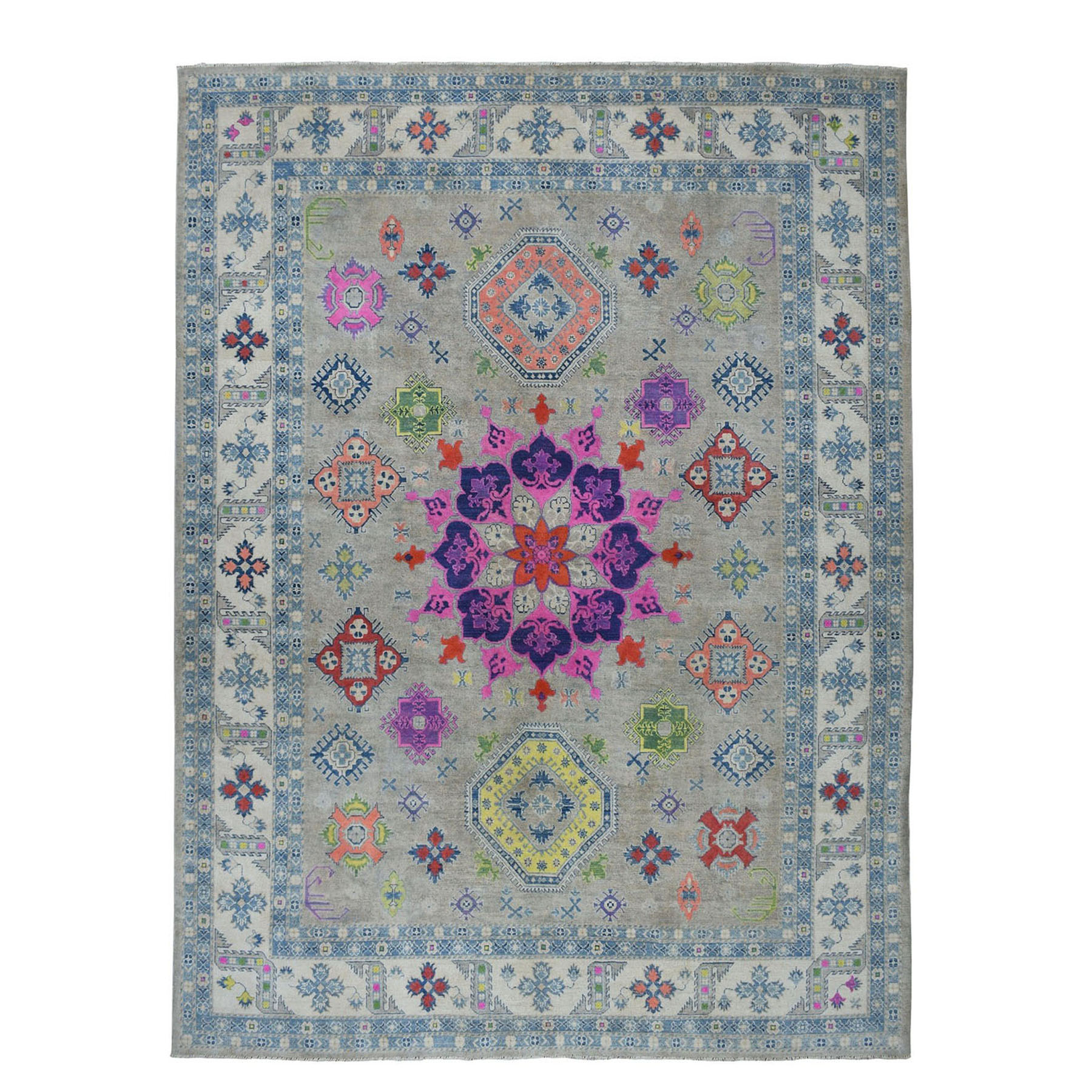 9'2"x11'7" Colorful Fusion Kazak Geometric Design Pure Wool Hand Woven Oriental Rug 