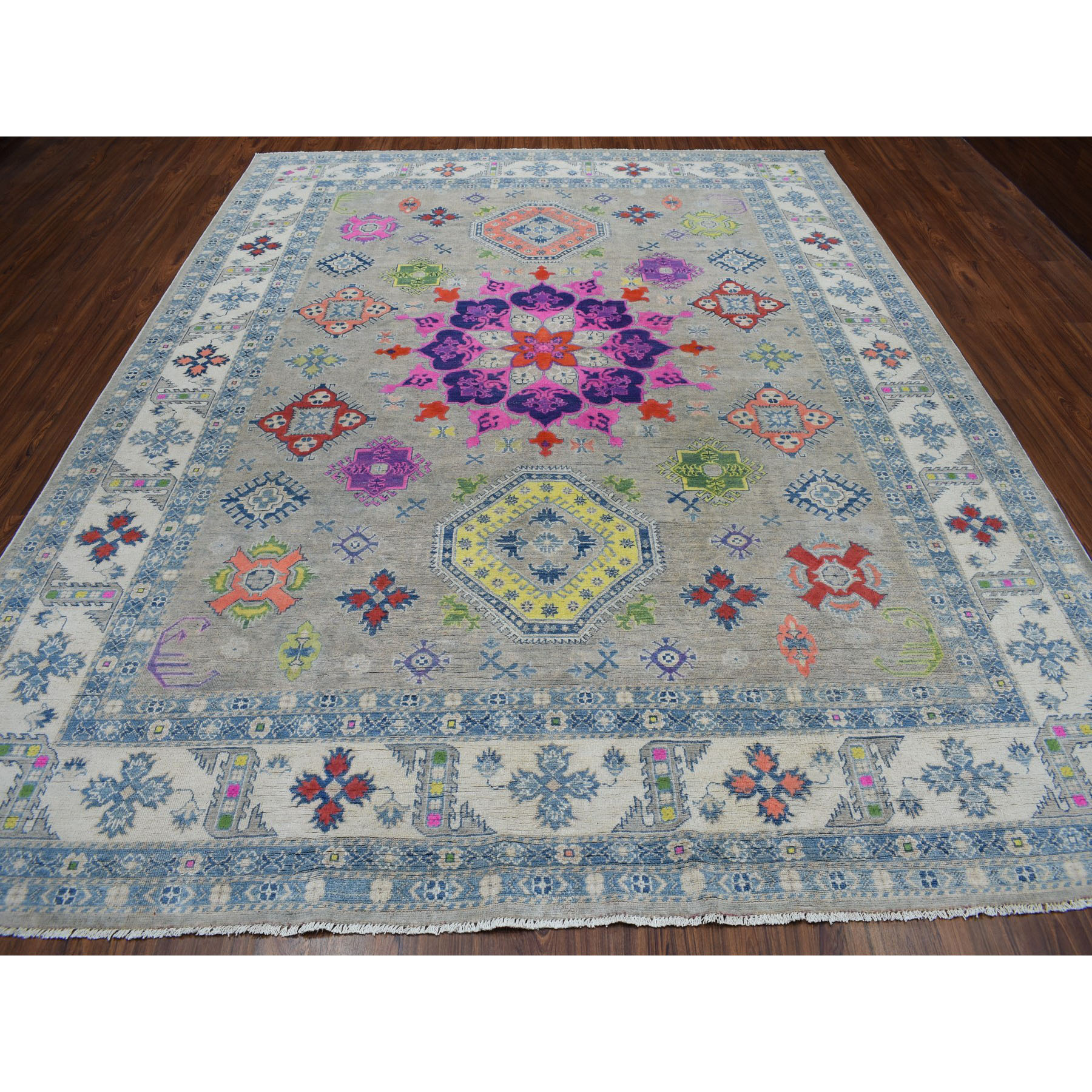 9'2"x11'7" Colorful Fusion Kazak Geometric Design Pure Wool Hand Woven Oriental Rug 