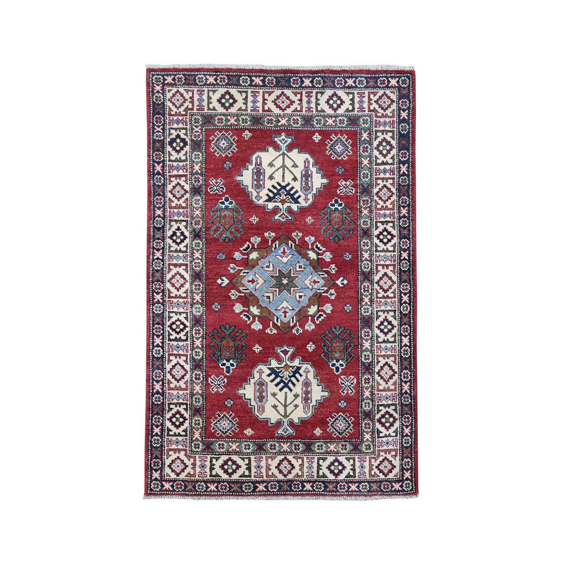 3'1"x5' Red Geometric Design Kazak Pure Wool Hand Woven Oriental Rug 