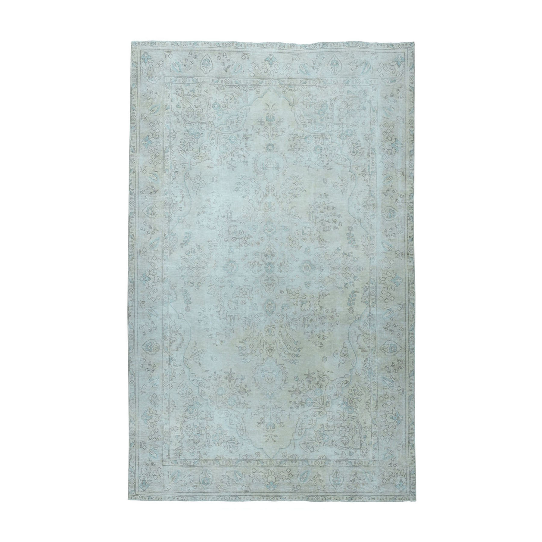 6'3"x9'5" Vintage White Wash Tabriz Worn Wool Hand Woven Oriental Rug 