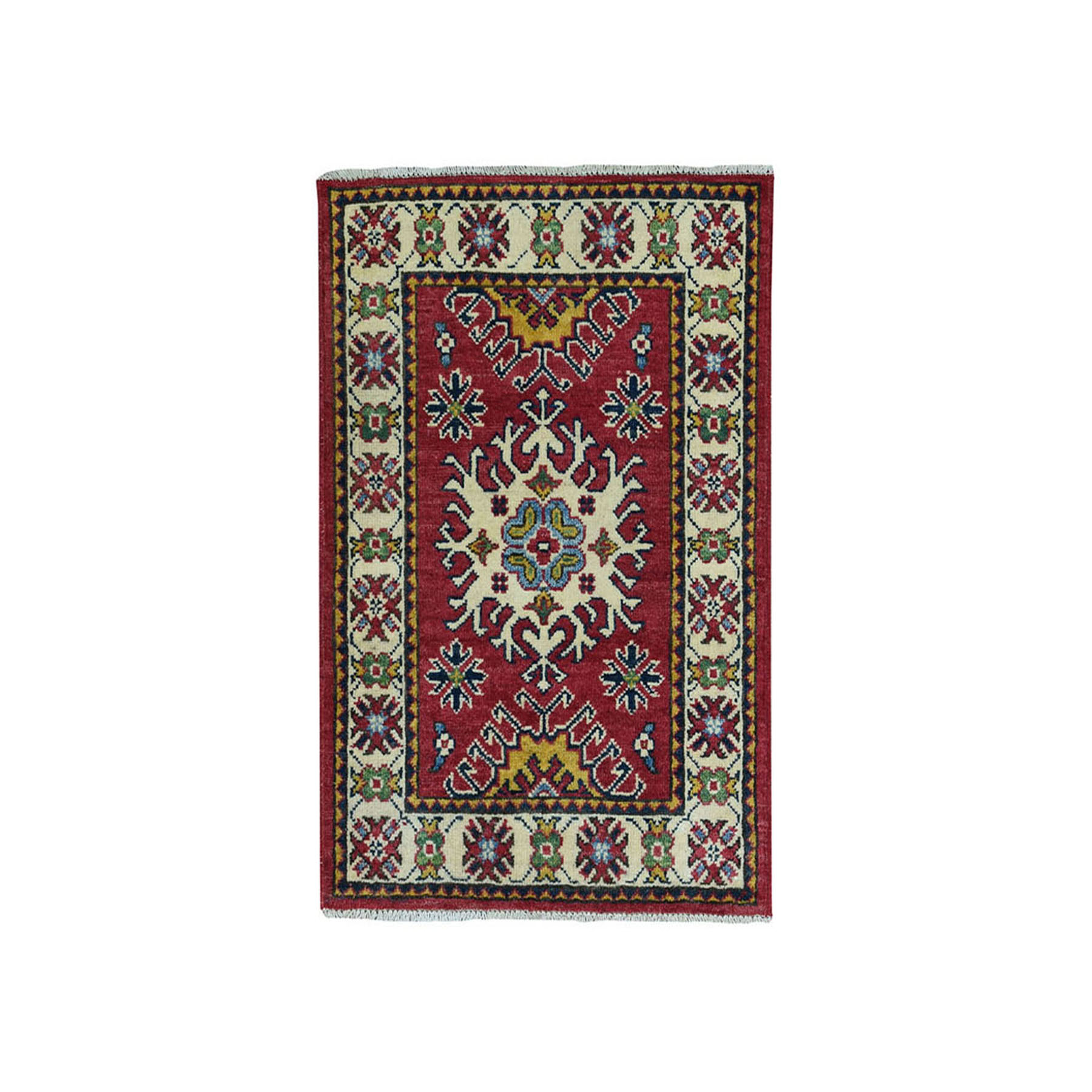 2'x3' Red Kazak Geometric Design Pure Wool Hand Woven Oriental Rug 