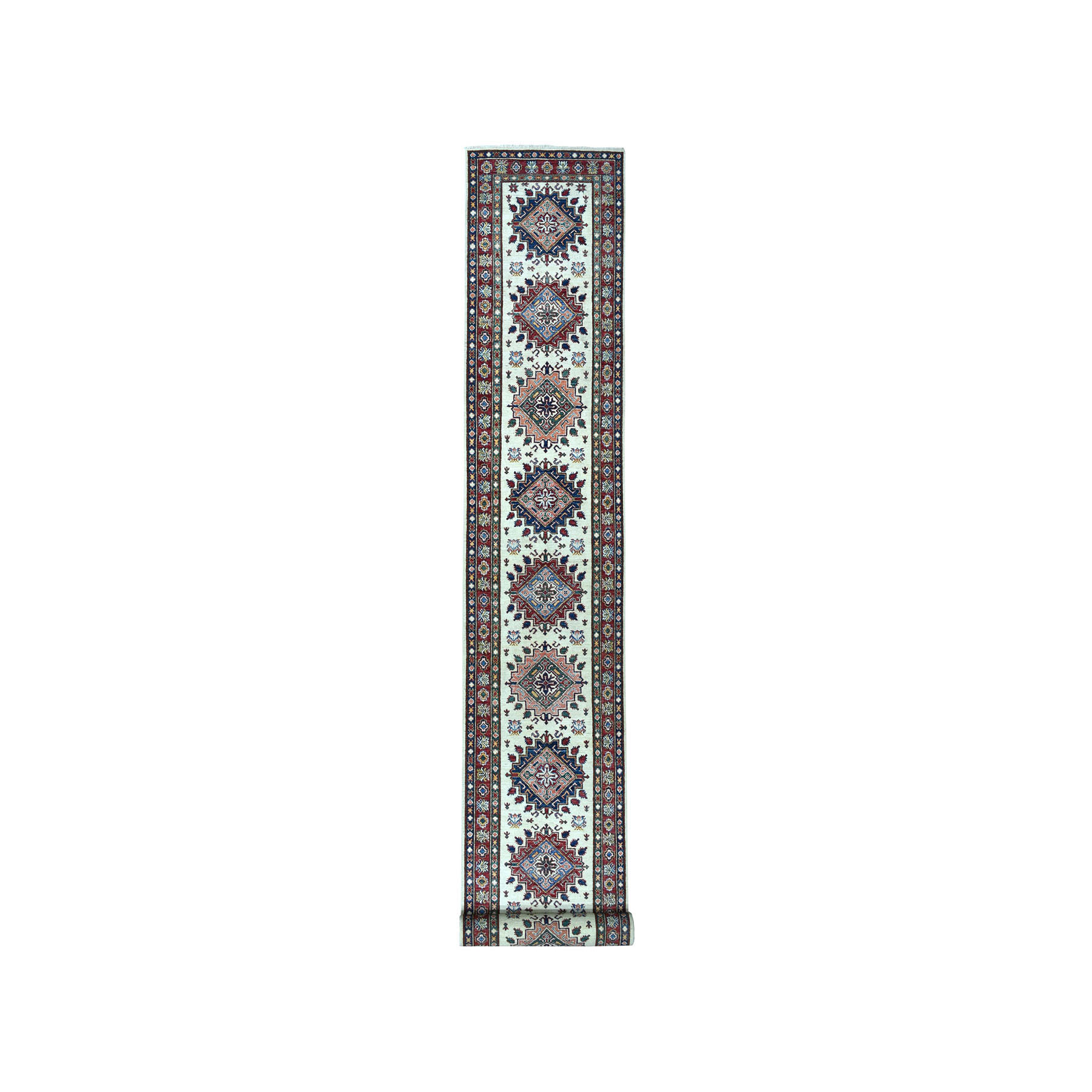 2'10"x19'1" Ivory Super Kazak Geometric Design XL Runner Pure Wool Hand Woven Oriental Rug 