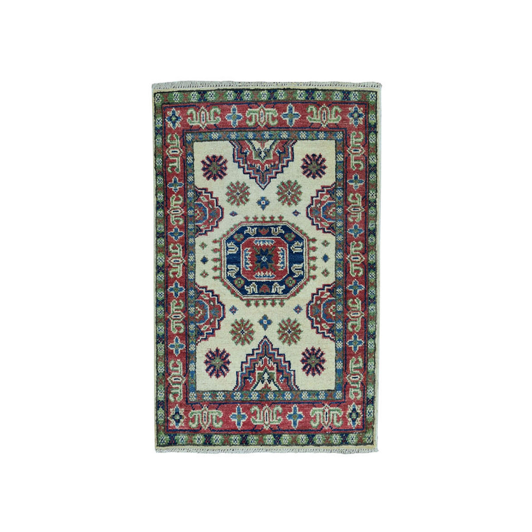 2'x2'10" Ivory Geometric Design Kazak Pure Wool Hand Woven Oriental Rug 