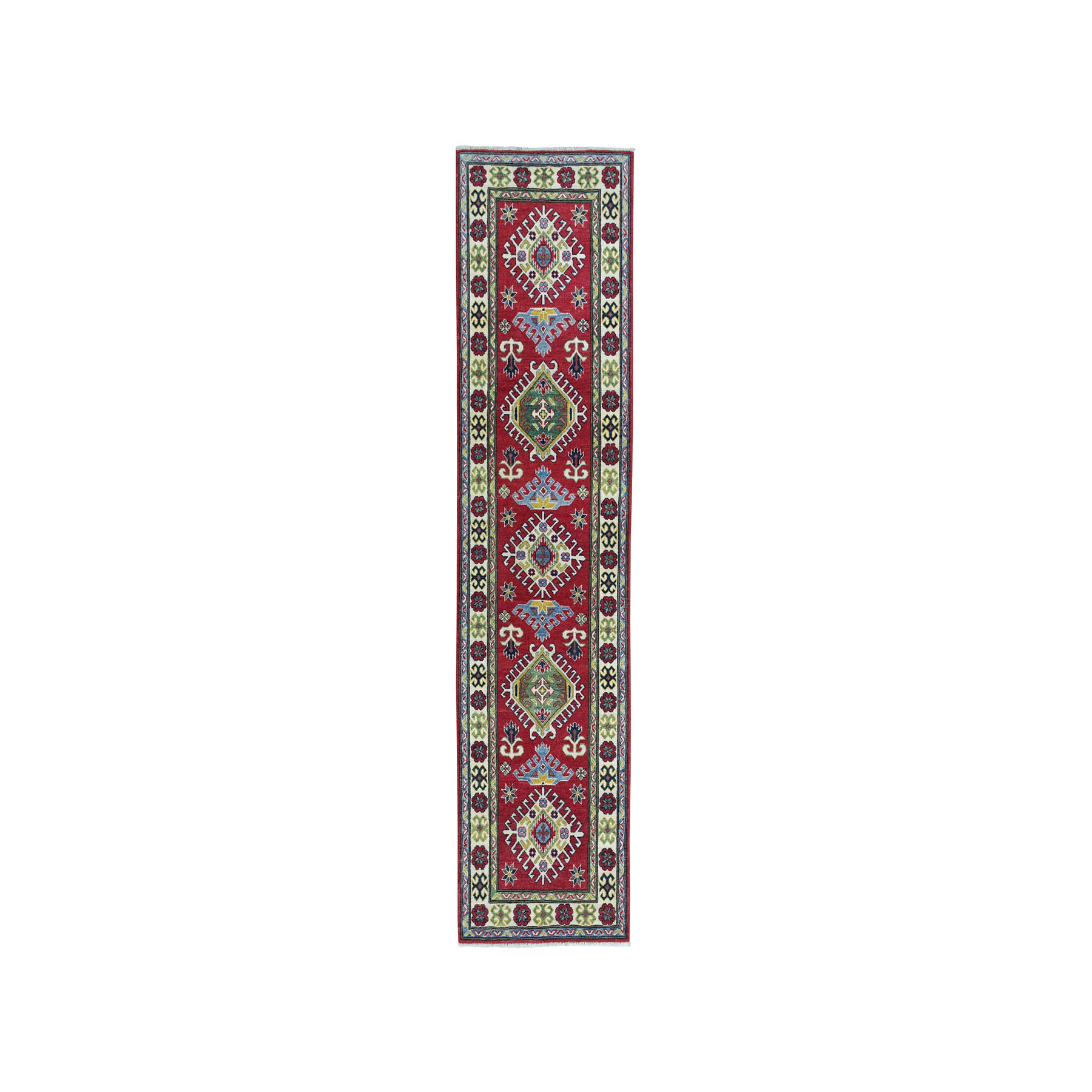 2'8"x9'8" Red Geometric Design Kazak Pure Wool Hand Woven Runner Oriental Rug 