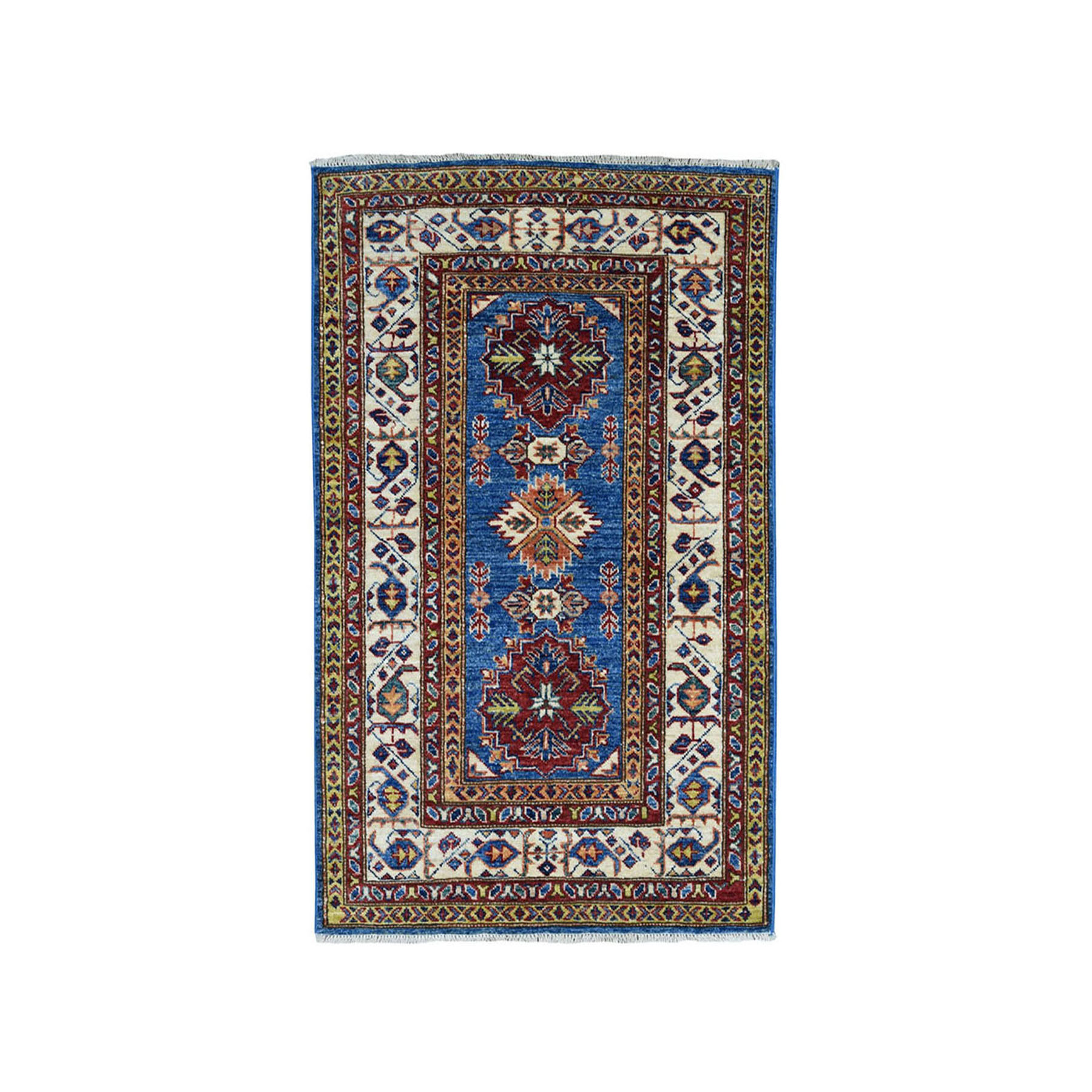 2'9"x4'2" Blue Super Kazak Pure Wool Geometric Design Hand Woven Oriental Rug 