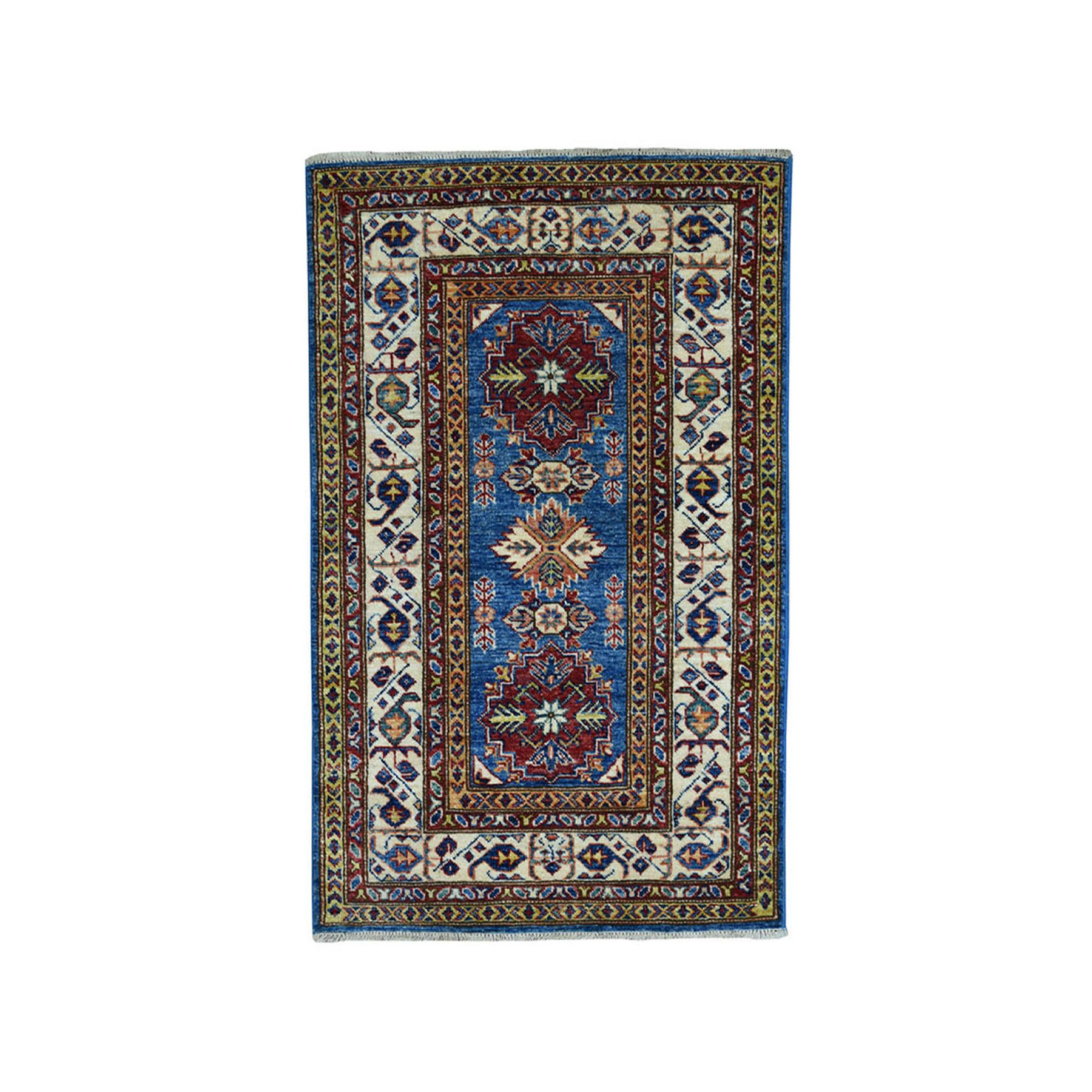 2'8"x4' Blue Super Kazak Pure Wool Geometric Design Hand Woven Oriental Rug 