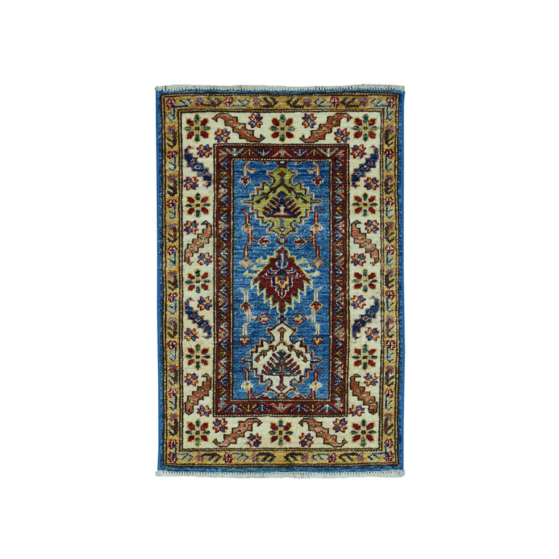2'x3' Blue Super Kazak Pure Wool Geometric Design Hand Woven Oriental Rug 
