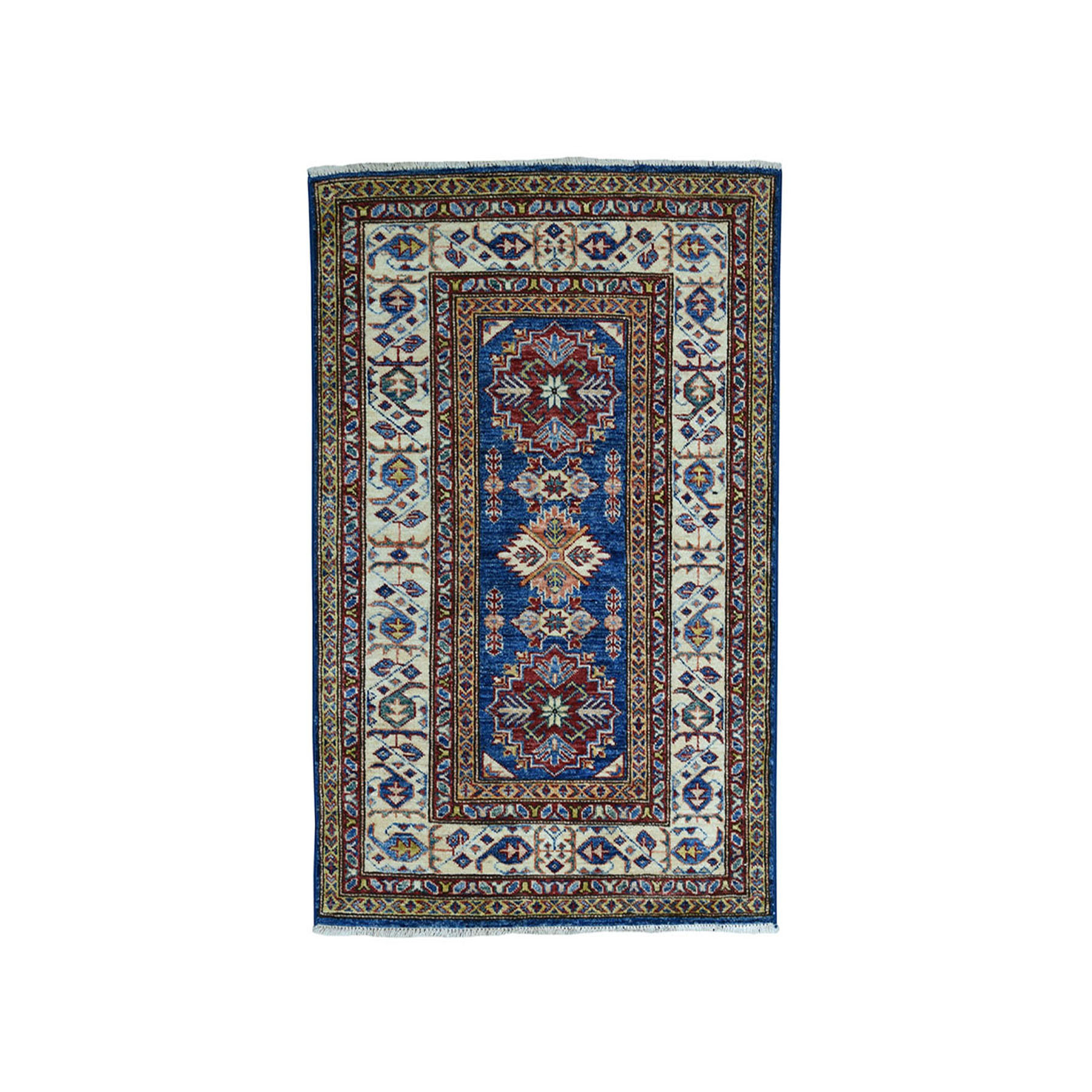 2'10"x4' Blue Super Kazak Pure Wool Geometric Design Hand Woven Oriental Rug 