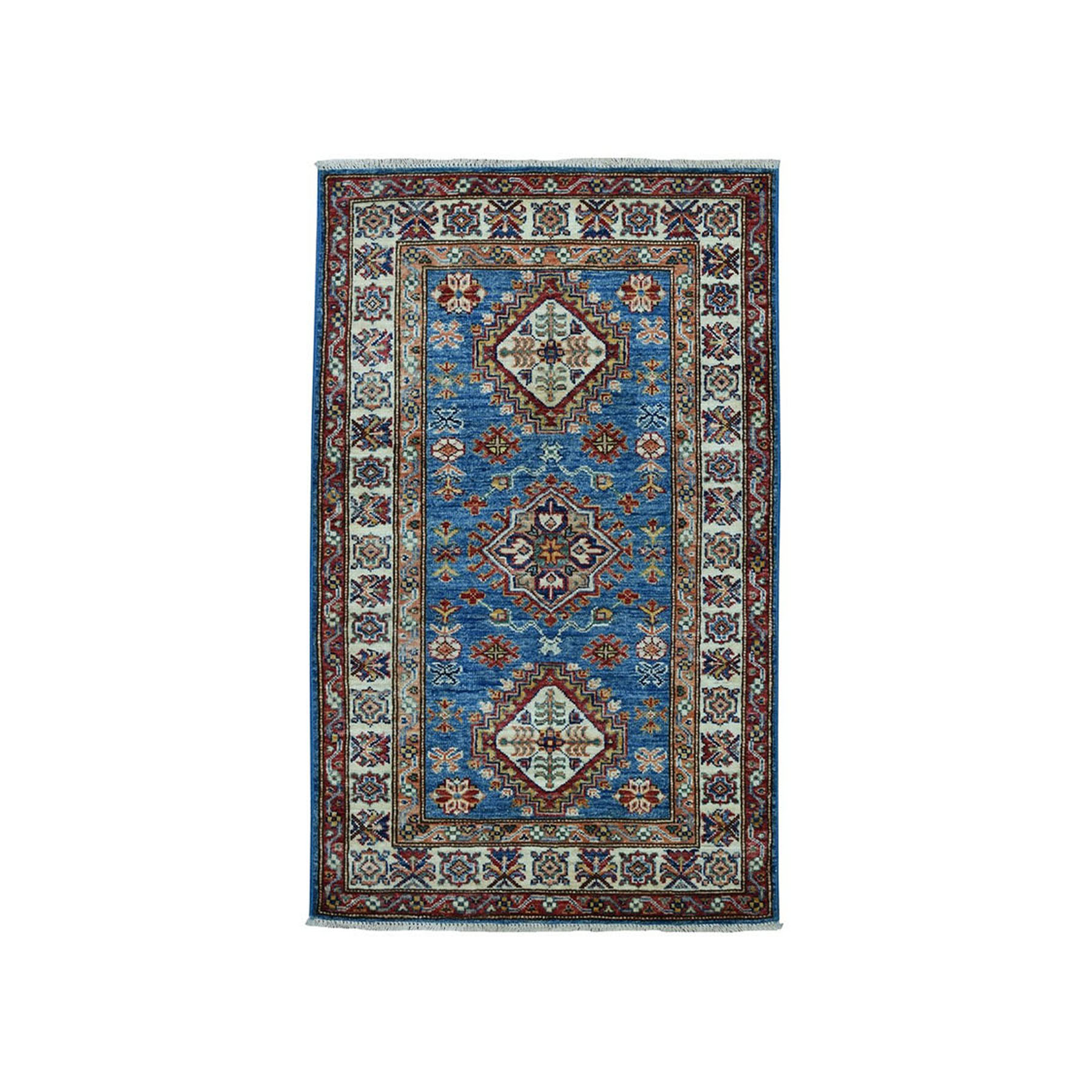 2'7"x4' Blue Super Kazak Pure Wool Geometric Design Hand Woven Oriental Rug 