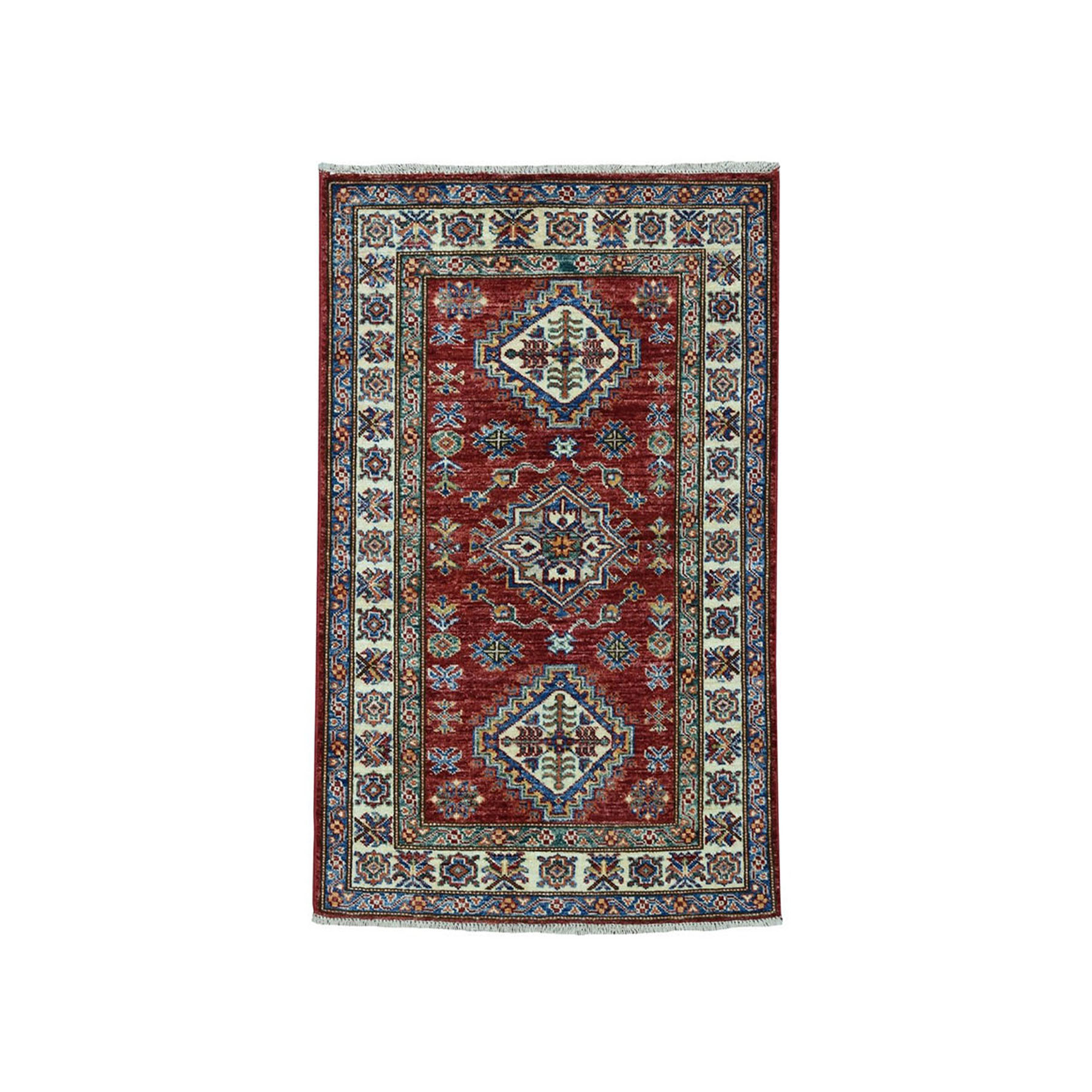 2'7"x3'9" Red Super Kazak Pure Wool Geometric Design Hand Woven Oriental Rug 