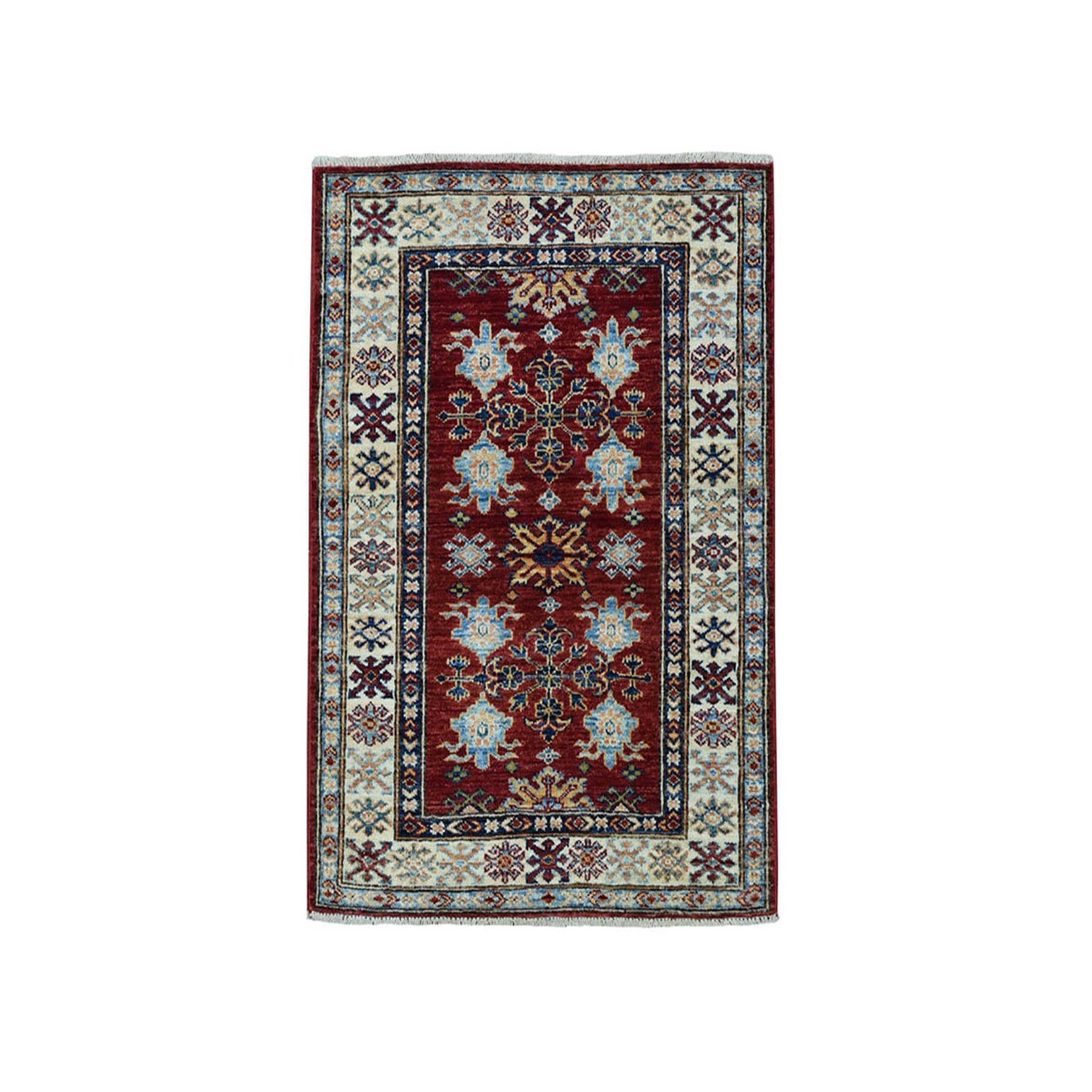 2'8"x3'6" Red Super Kazak Pure Wool Geometric Design Hand Woven Oriental Rug 