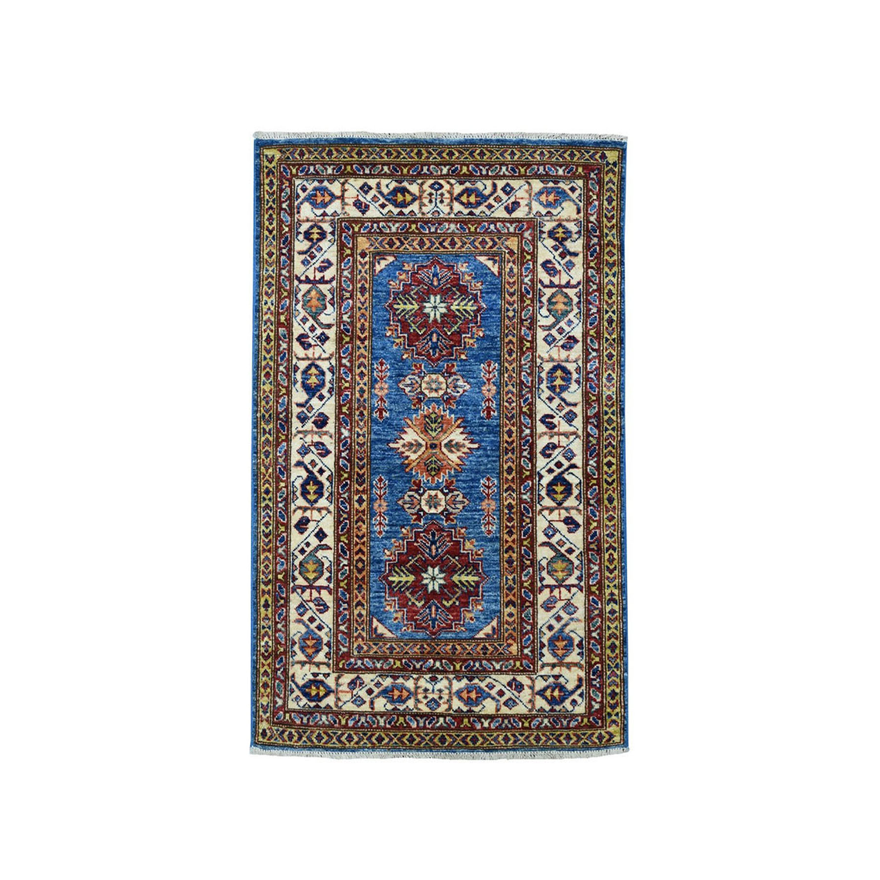 2'9"x4' Blue Super Kazak Geometric Design Pure Wool Hand Woven Oriental Rug 