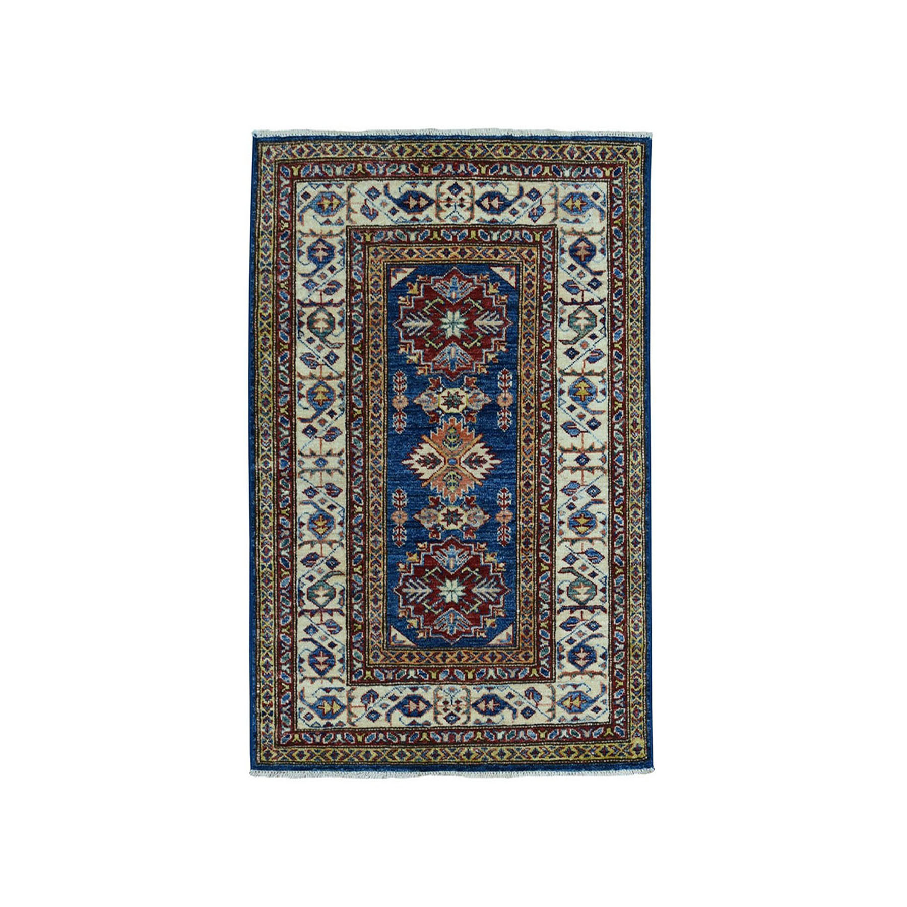 2'9"x4' Blue Super Kazak Geometric Design Pure Wool Hand Woven Oriental Rug 