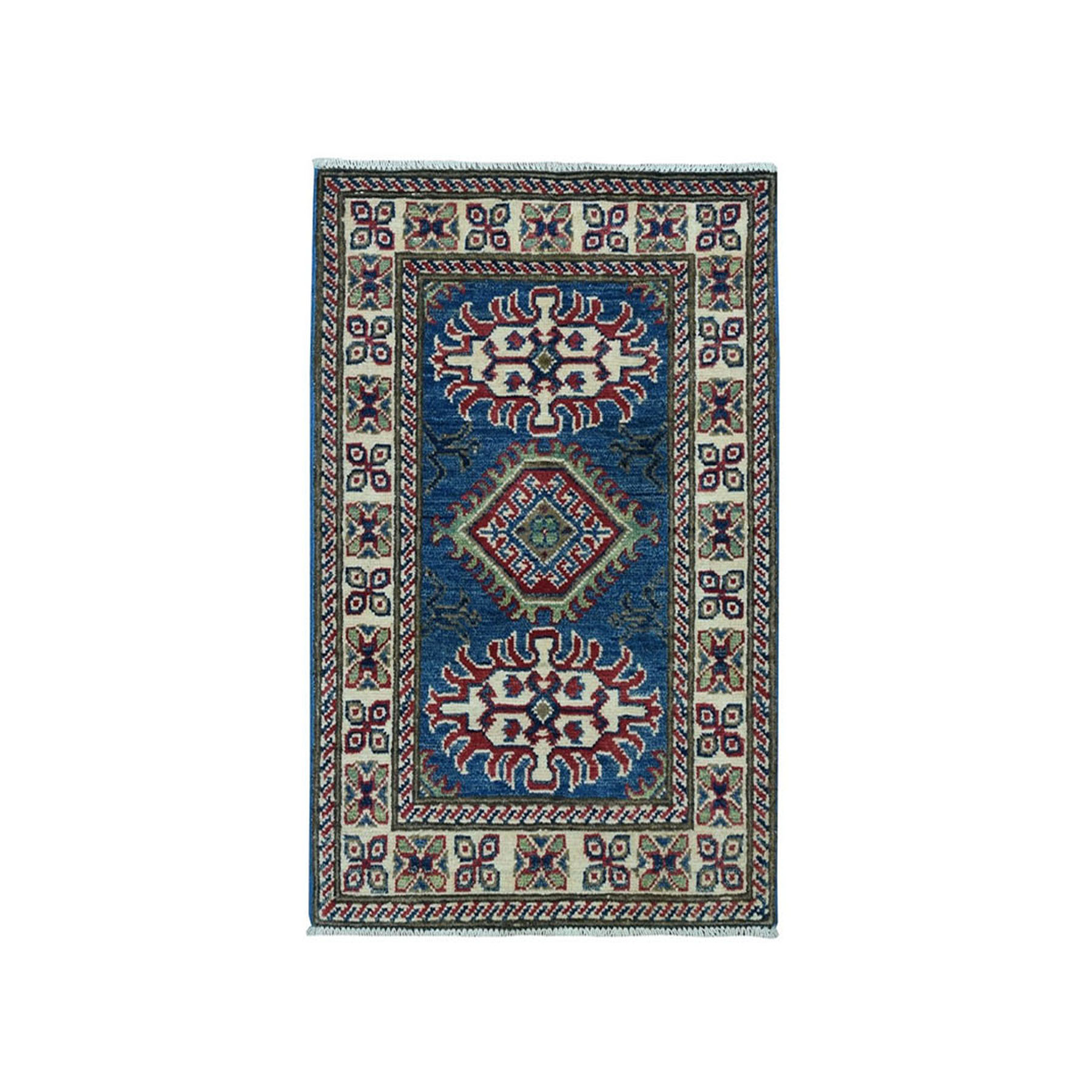 1'10"x2'10" Blue Geometric Design Kazak Pure Wool Hand Woven Oriental Rug 