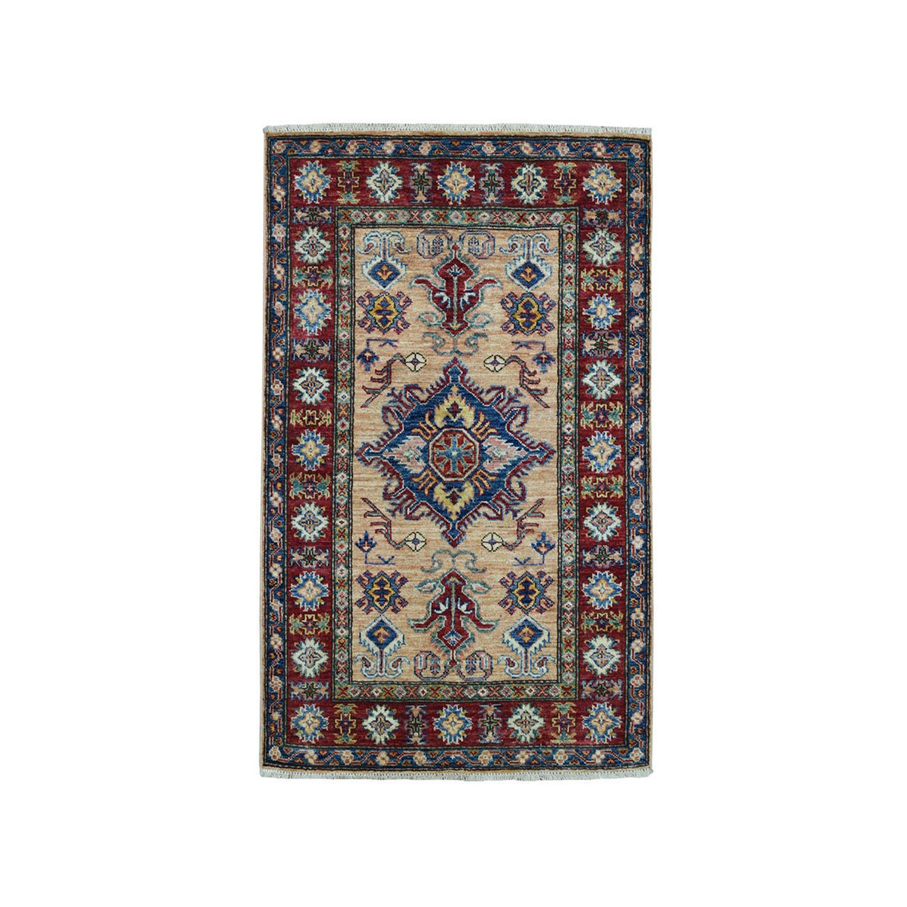 2'9"x4'3" Super Kazak Pure Wool Geometric Design Hand Woven Oriental Rug 