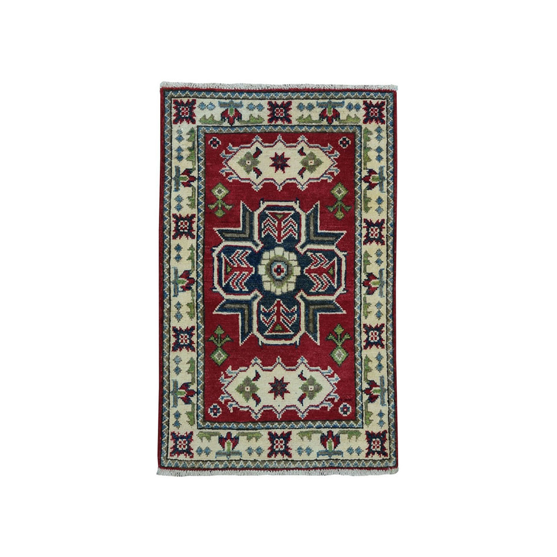 2'x3' Red Geometric Design Kazak Pure Wool Hand Woven Oriental Rug 