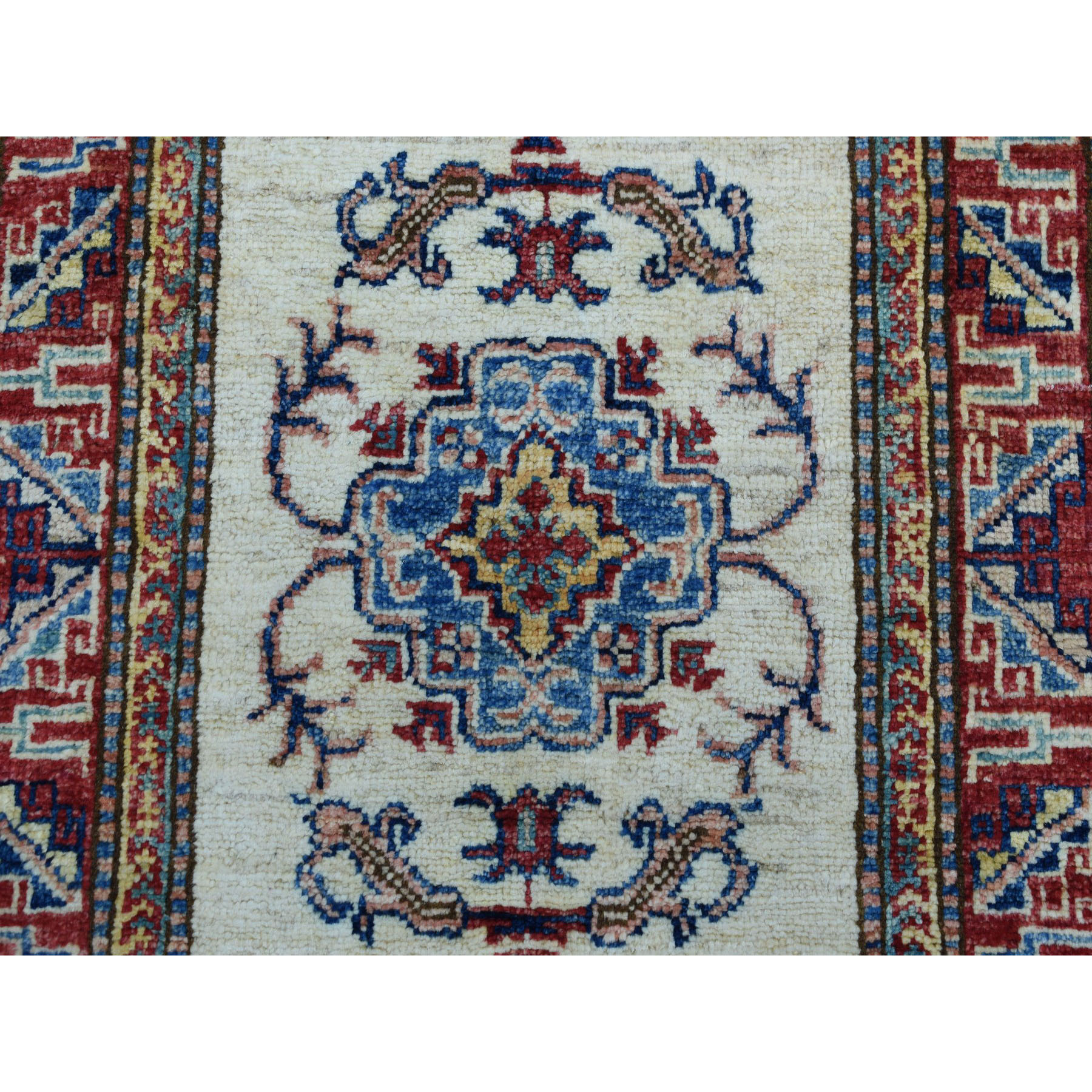 2'1"x3'2" Ivory Super Kazak Pure Wool Geometric Design Hand Woven Oriental Rug 