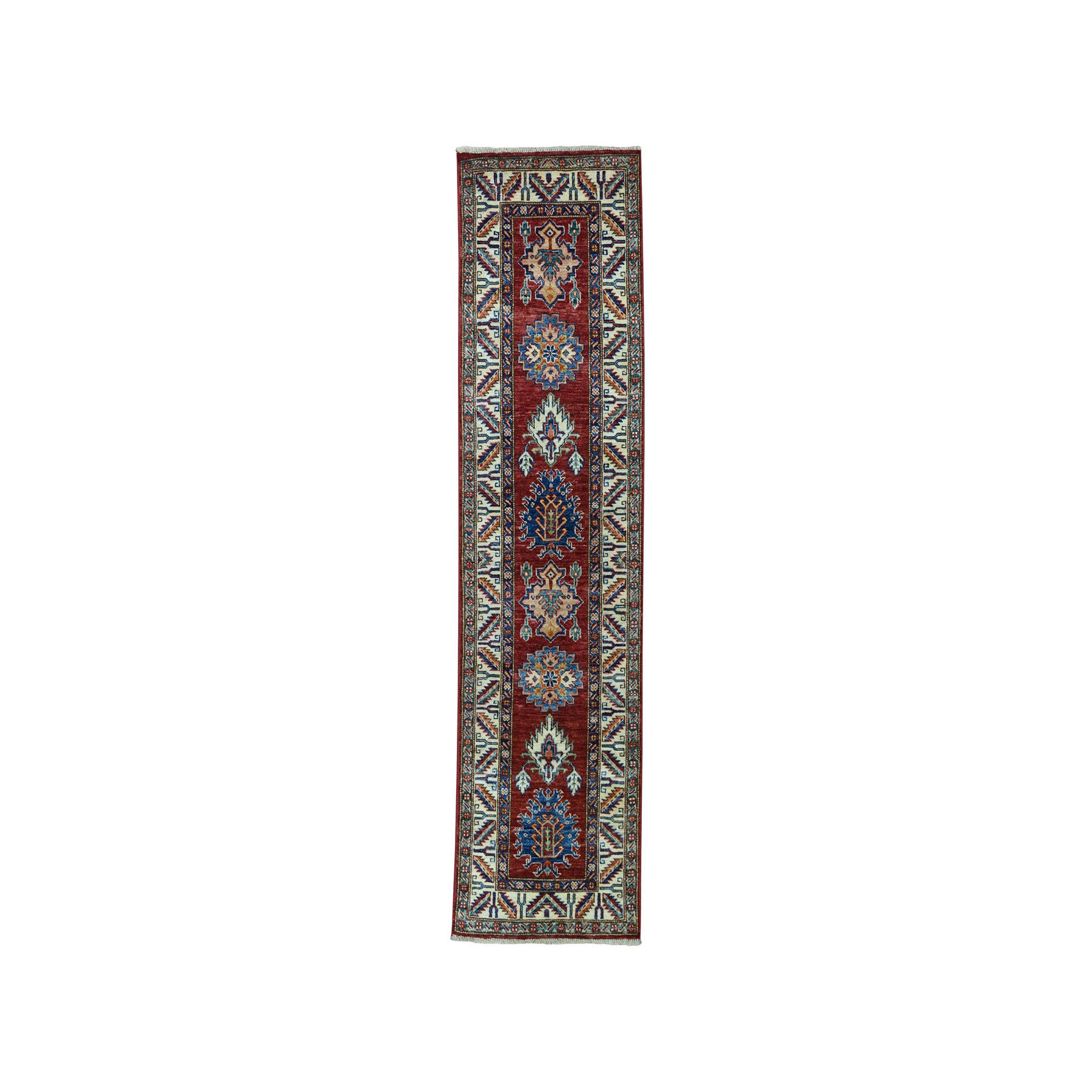 1'10"x6'4"  Red Super Kazak Pure Wool Geometric Design Hand Woven Runner Oriental Rug 