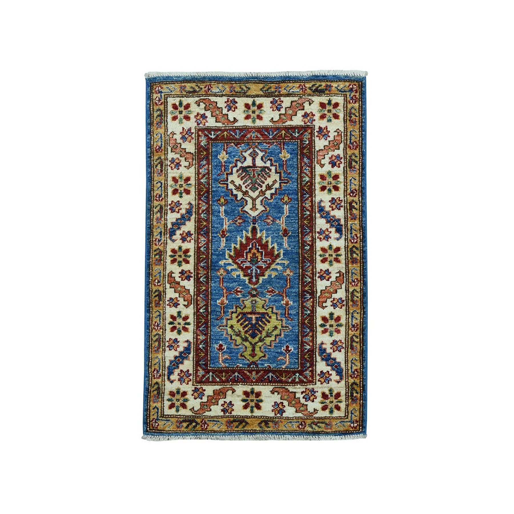 2'x3'1" Blue Super Kazak Geometric Design Pure Wool Hand Woven Oriental Rug 