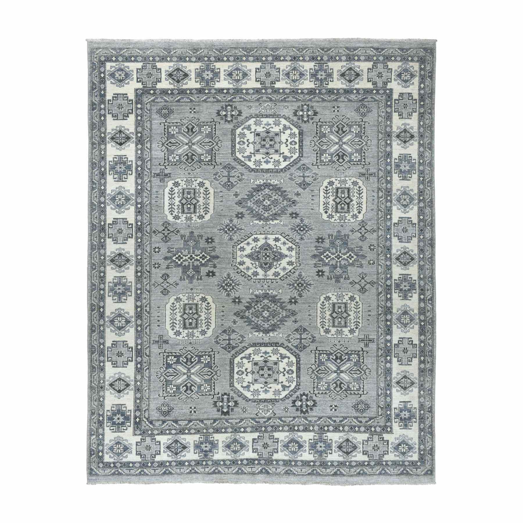 8'x10' Gray Pure Wool Hand Woven Peshawar With Karajeh Design Oriental Rug 