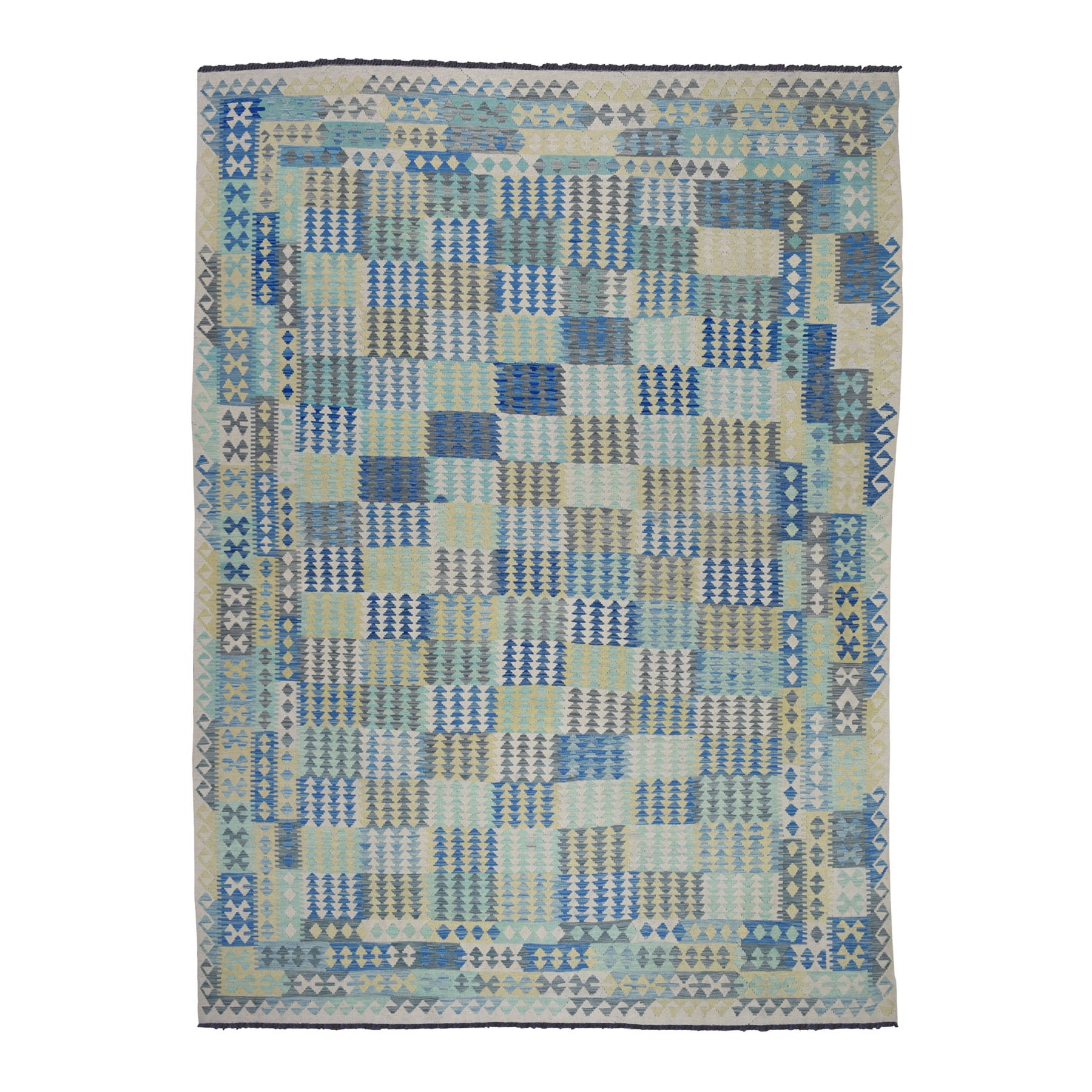 8'4"x11'4" Blue Afghan Kilim Pure Wool Hand Woven Oriental Rug 