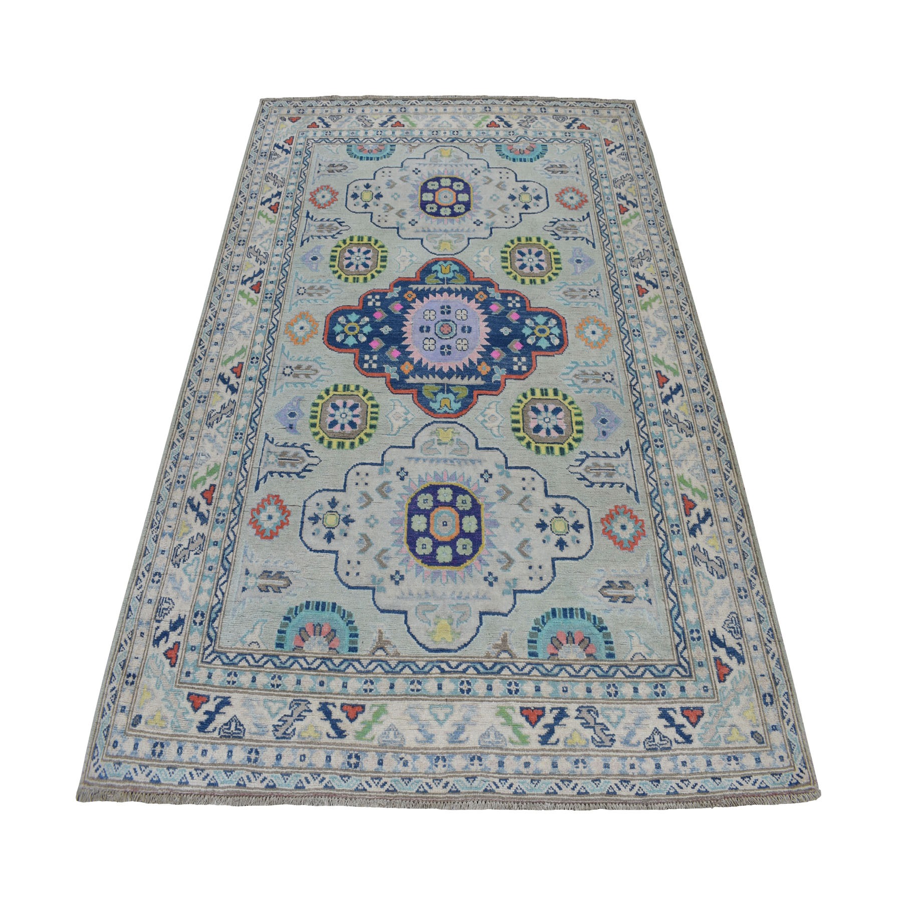 5'1"x6'6" Colorful Gray Fusion Kazak Pure Wool Geometric Design Hand Woven Oriental Rug 