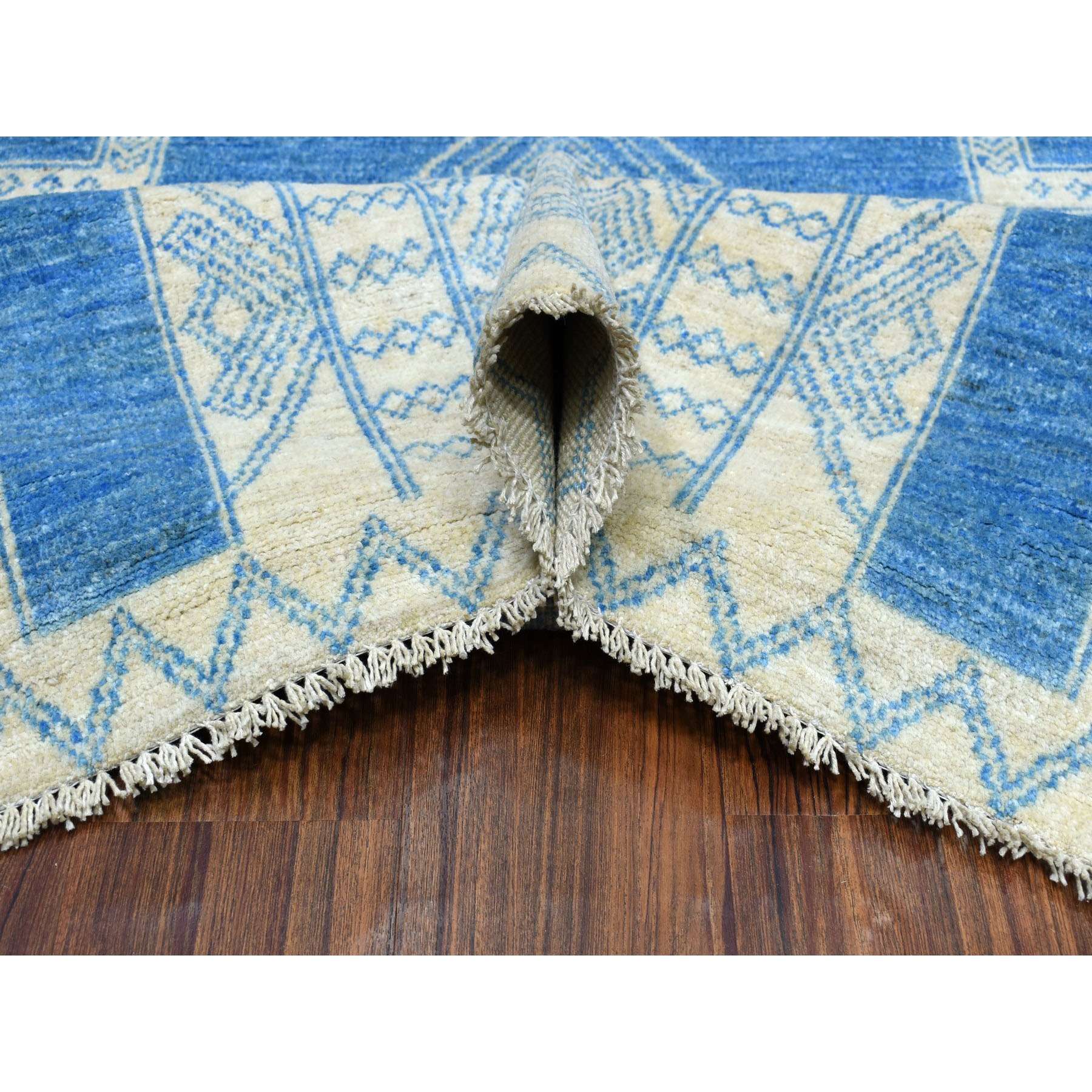 8'x10' Blue Hand Woven Pure Wool Peshawar with Berber Motifs Oriental Rug 