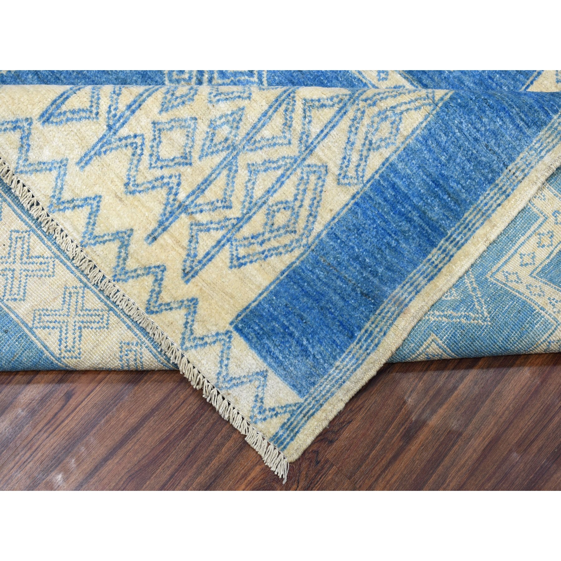 8'x10' Blue Hand Woven Pure Wool Peshawar with Berber Motifs Oriental Rug 