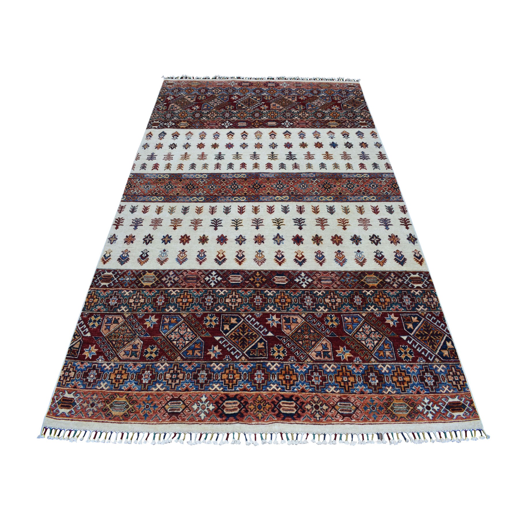 5'7"x8'4" Ivory Khorjin Design Super Kazak Geometric Hand Woven Pure Wool Oriental Rug 