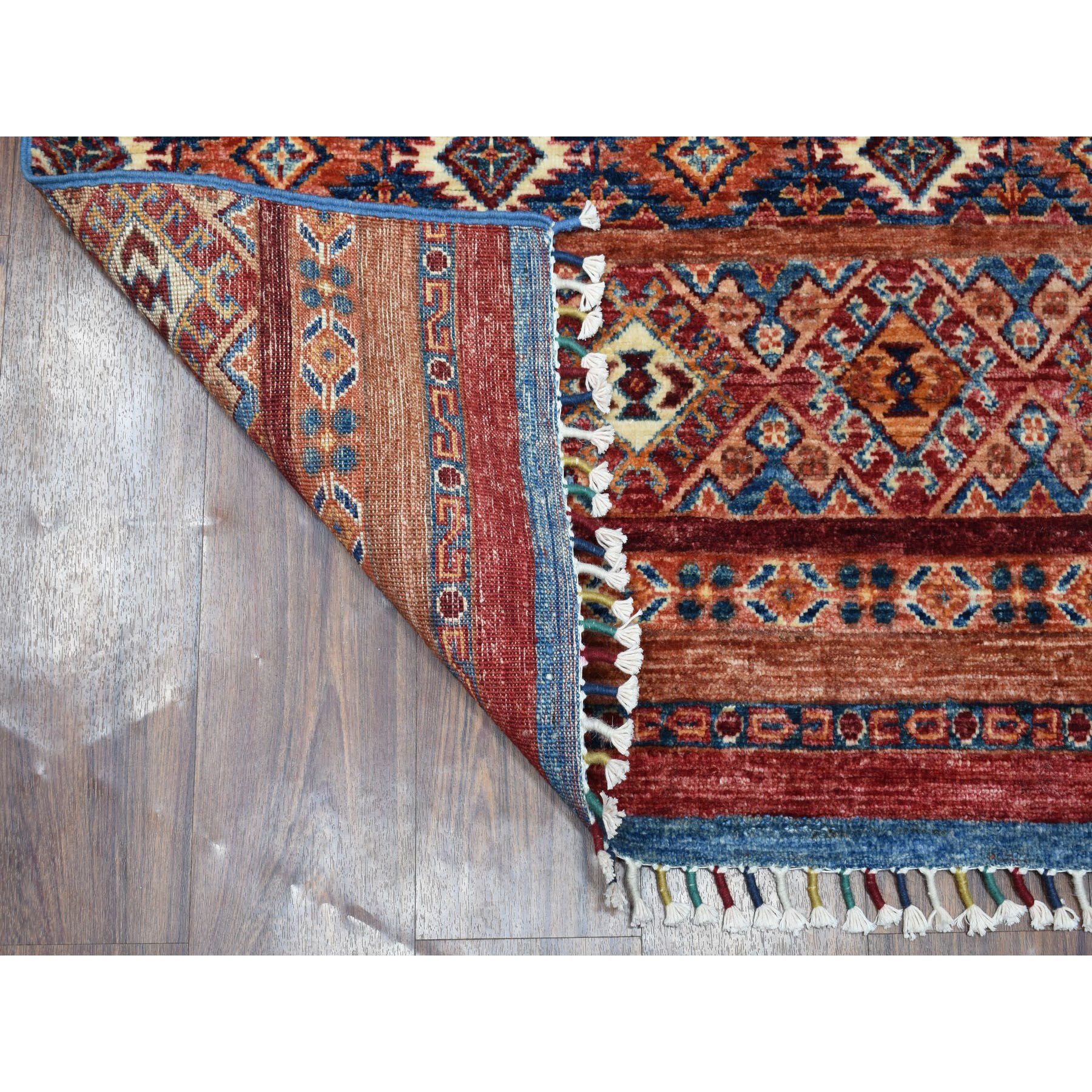 2'8"x8' Khorjin Design Runner Blue Super Kazak Geometric Pure Wool Hand Woven Oriental Rug 