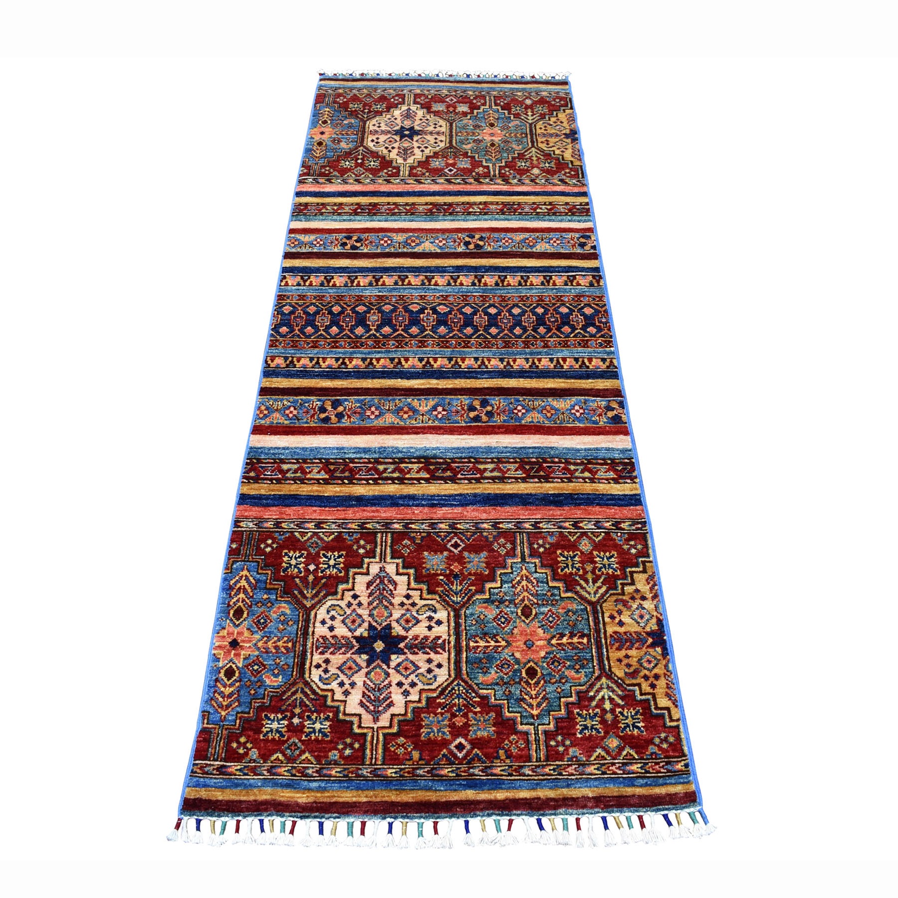 2'5"x7'1" Khorjin Design Runner Blue Super Kazak Geometric Pure Wool Hand Woven Oriental Rug 