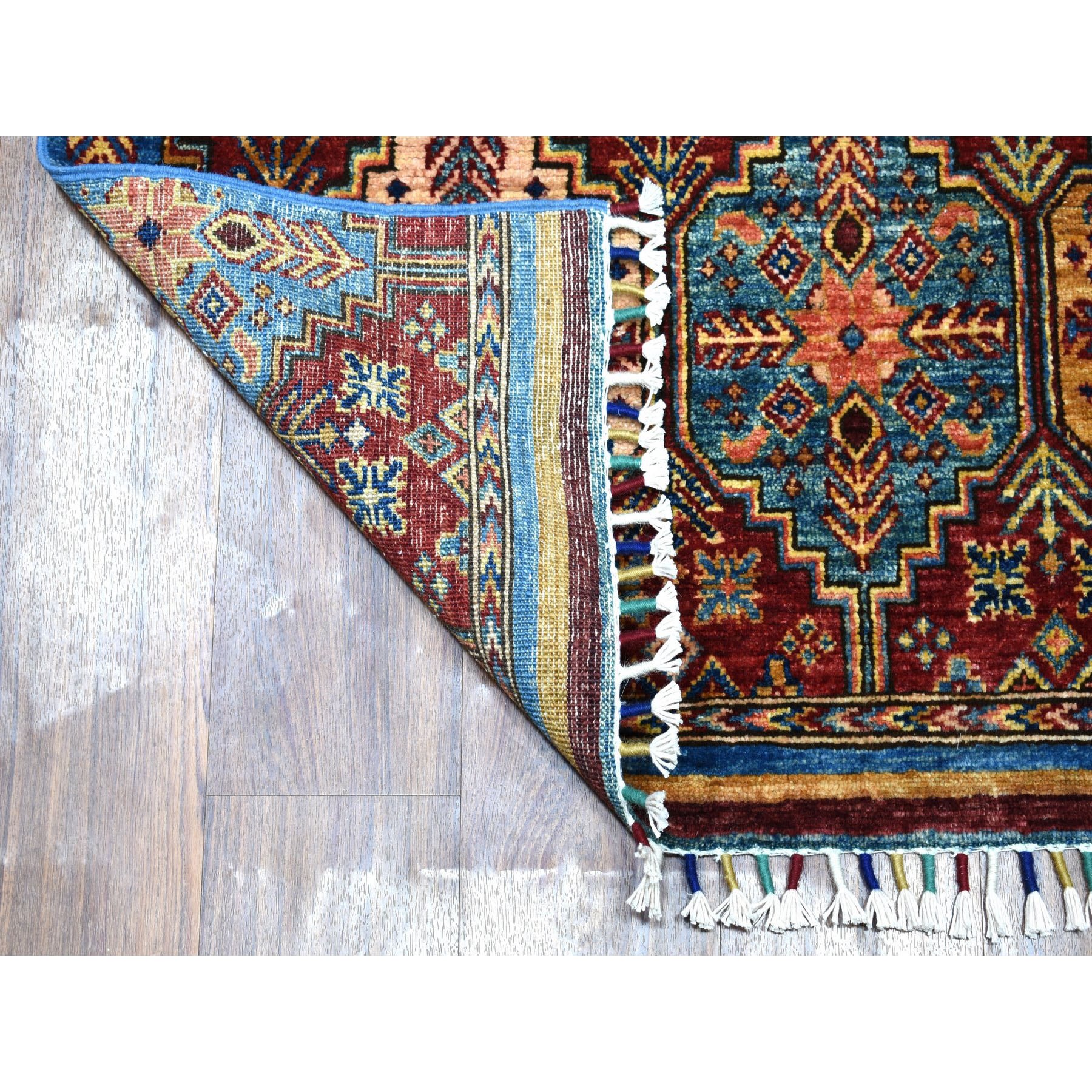 2'5"x7'1" Khorjin Design Runner Blue Super Kazak Geometric Pure Wool Hand Woven Oriental Rug 