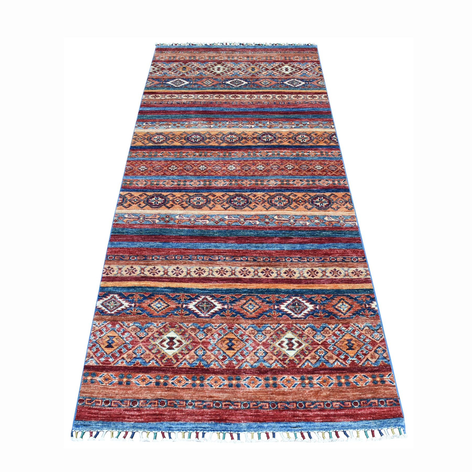 3'2"x8' Khorjin Design Runner Orange Super Kazak Geometric Pure Wool Hand Woven Oriental Rug 