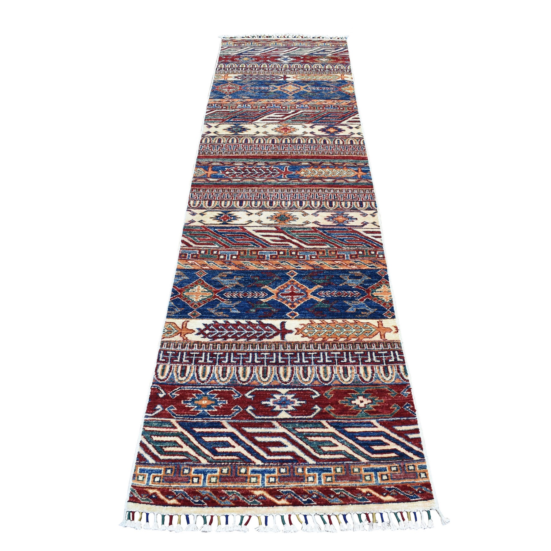 2'4"x9'2" Khorjin Design Runner Blue Super Kazak Tribal Pure Wool Hand Woven Oriental Rug 