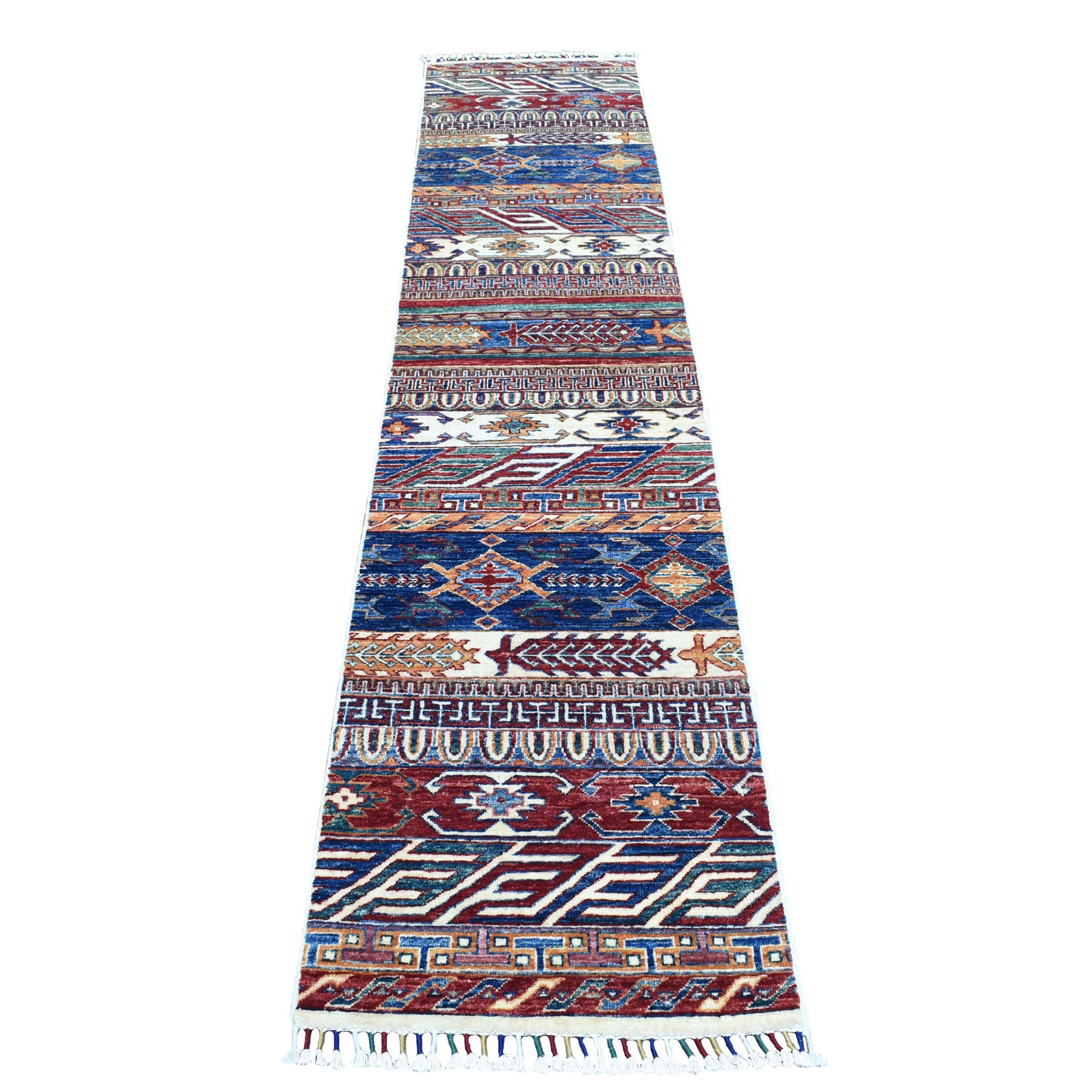2'x9'3" Khorjin Design Runner Blue Super Kazak Tribal Pure Wool Hand Woven Oriental Rug 