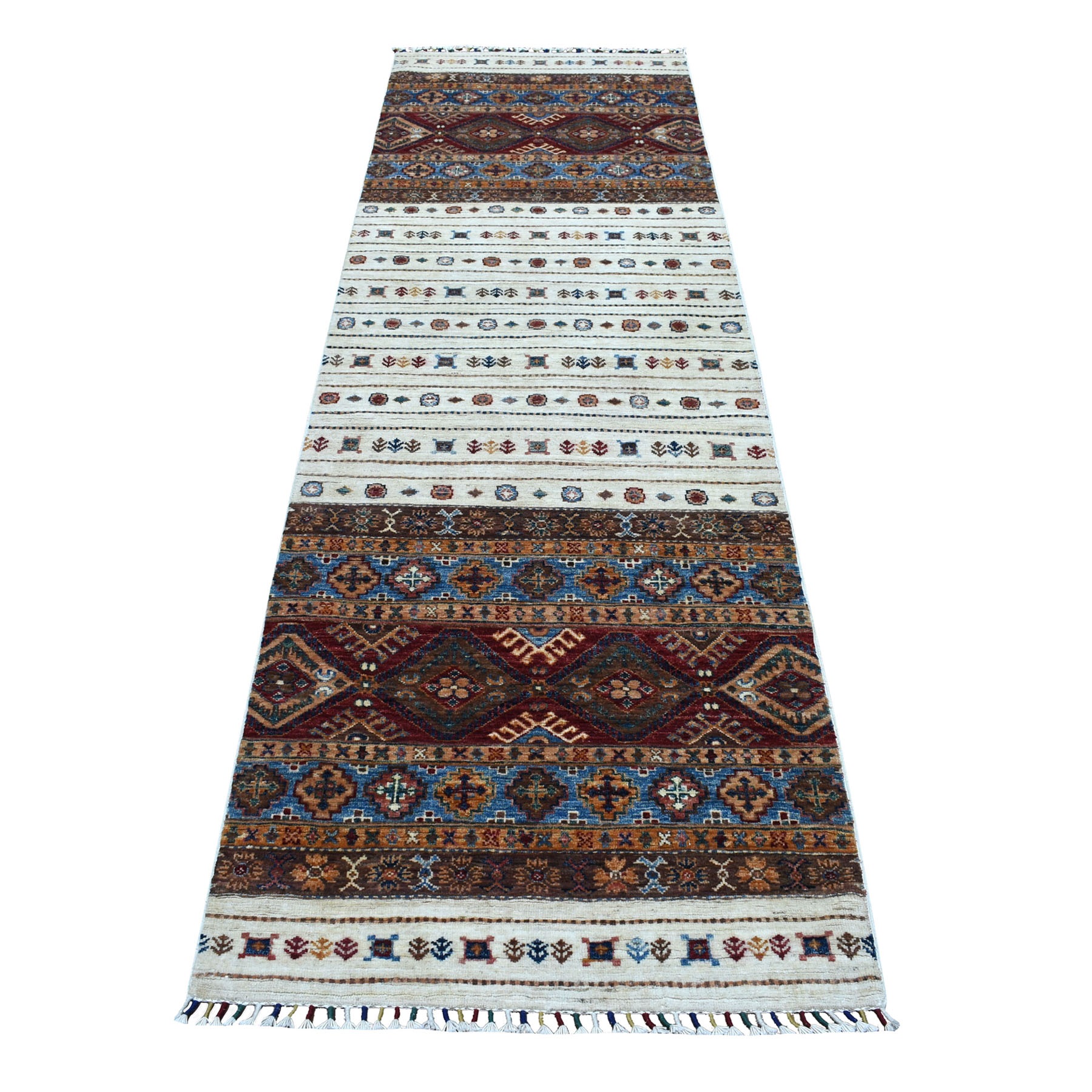 2'9"x9' Ivory Khorjin Design Runner Super Kazak Geometric Hand Woven Pure Wool Oriental Rug 
