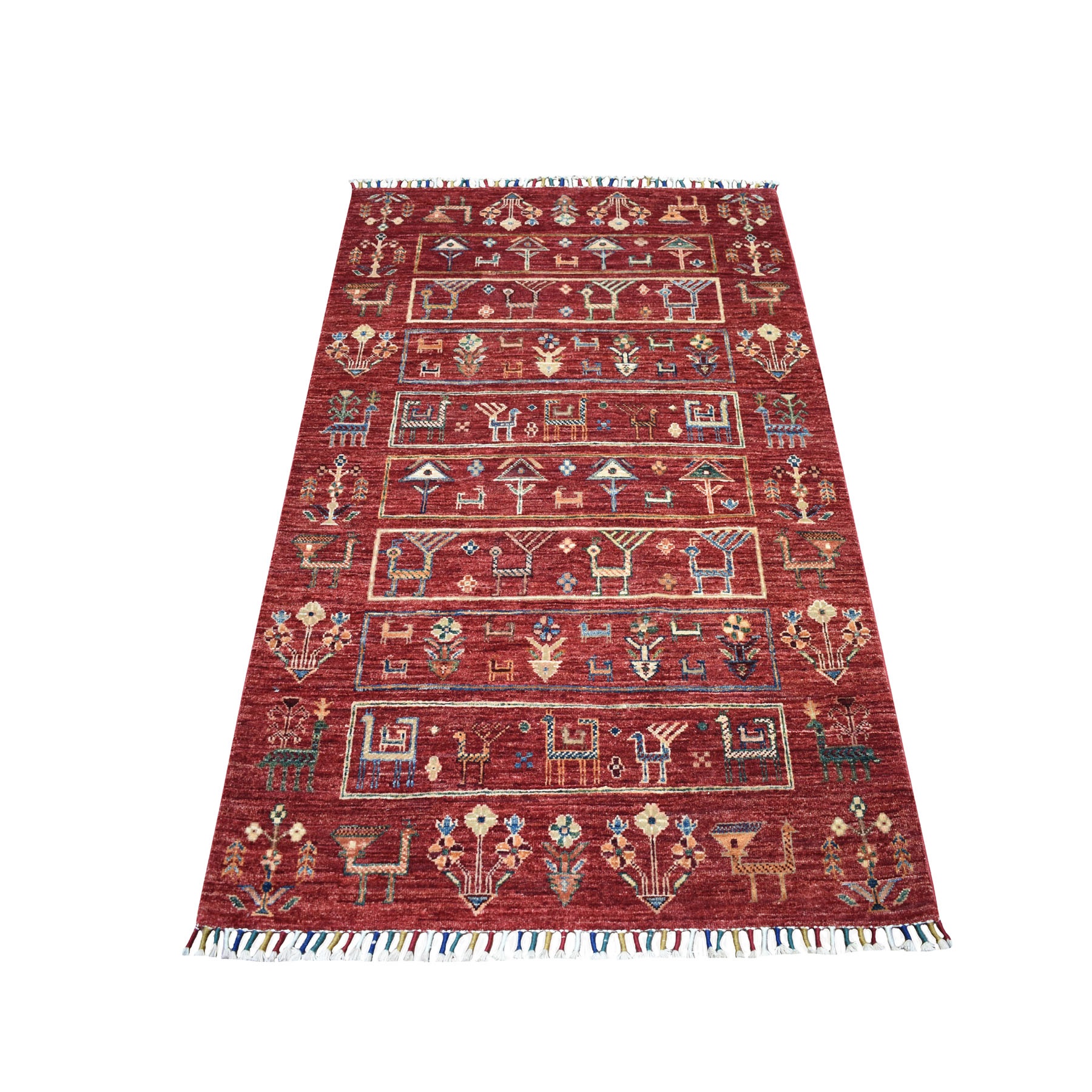 3'3"x5' Kashkuli Design Red Super Kazak Pictorial Hand Woven 100% Wool Oriental Rug 