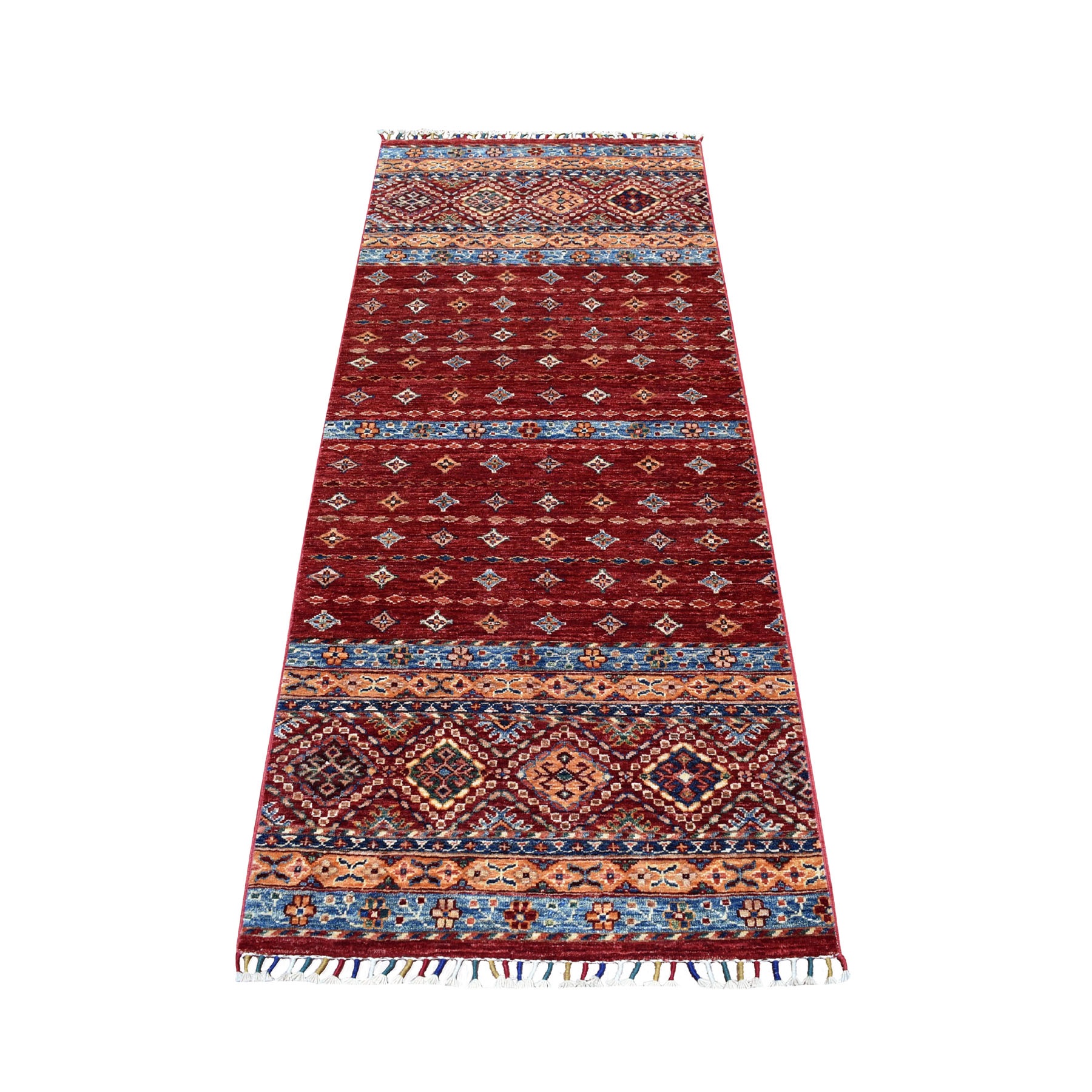 2'7"x6'4" Khorjin Design Runner Red Super Kazak Geometric Pure Wool Hand Woven Oriental Rug 
