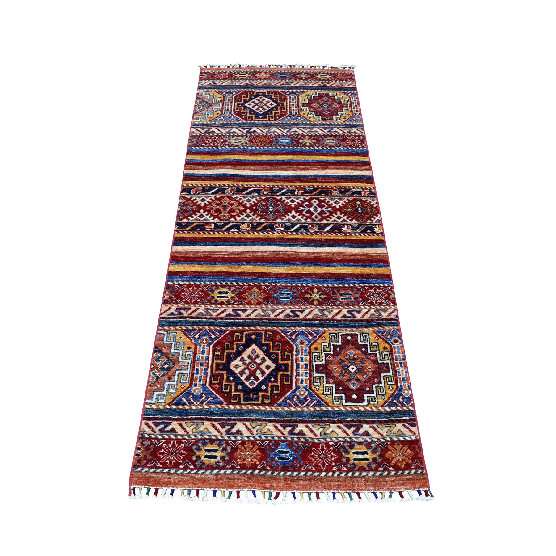 2'5"x6'7" Red Khorjin Design Runner Super Kazak Geometric Hand Woven Pure Wool Oriental Rug 