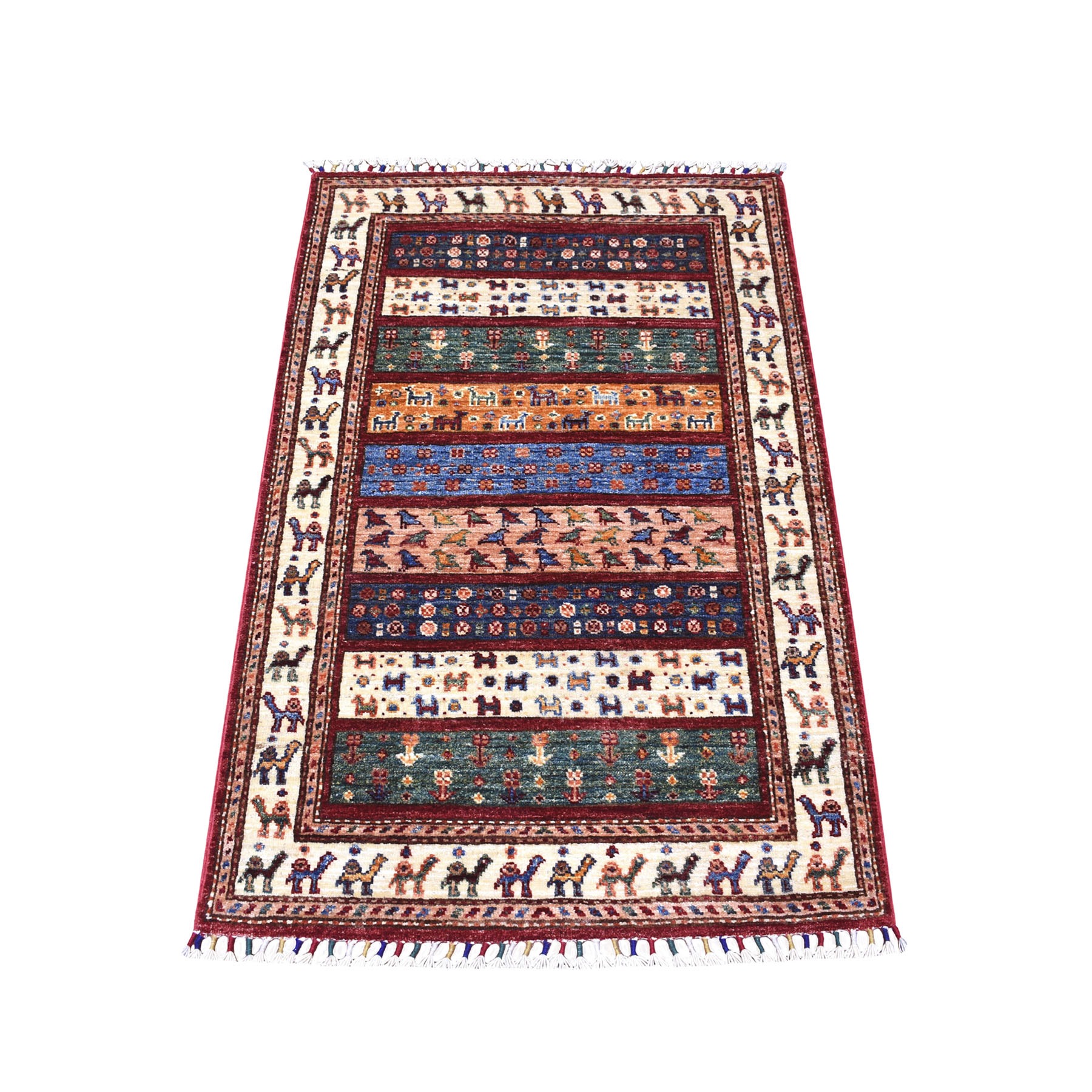 2'8"x4'2" Red Khorjin Design Super Kazak Camel Pure Wool Hand Woven Oriental Rug 