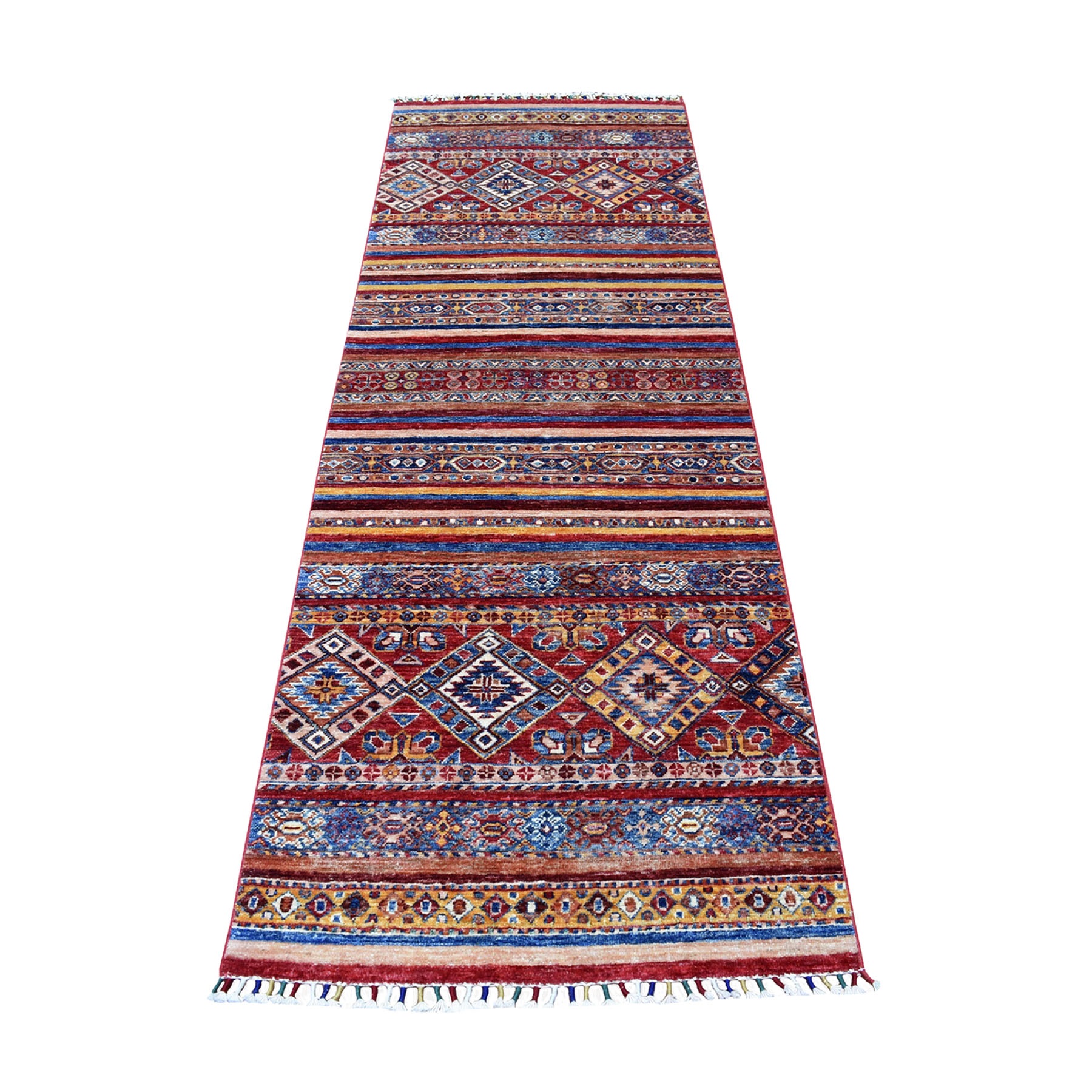 2'8"x7'10" Red Khorjin Design Runner Super Kazak Geometric Pure Wool Hand Woven Oriental Rug 