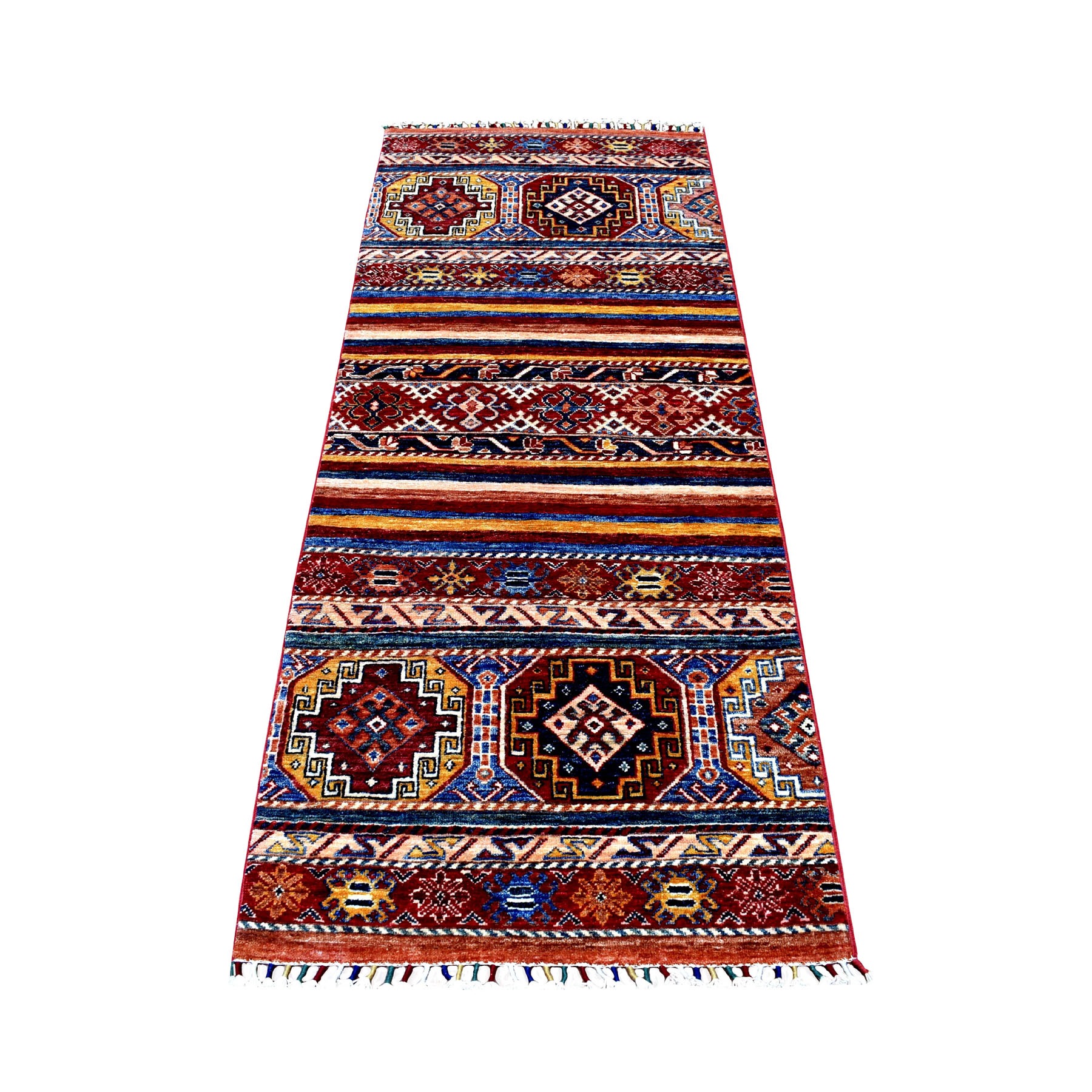 2'7"x6'7" Red Khorjin Design Runner Super Kazak Geometric Hand Woven Pure Wool Oriental Rug 