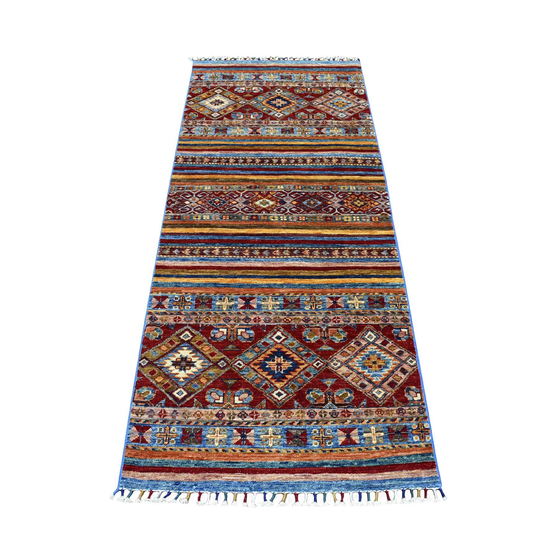2'7"x6'7" Red Khorjin Design Runner Super Kazak Tribal Hand Woven Pure Wool Oriental Rug 