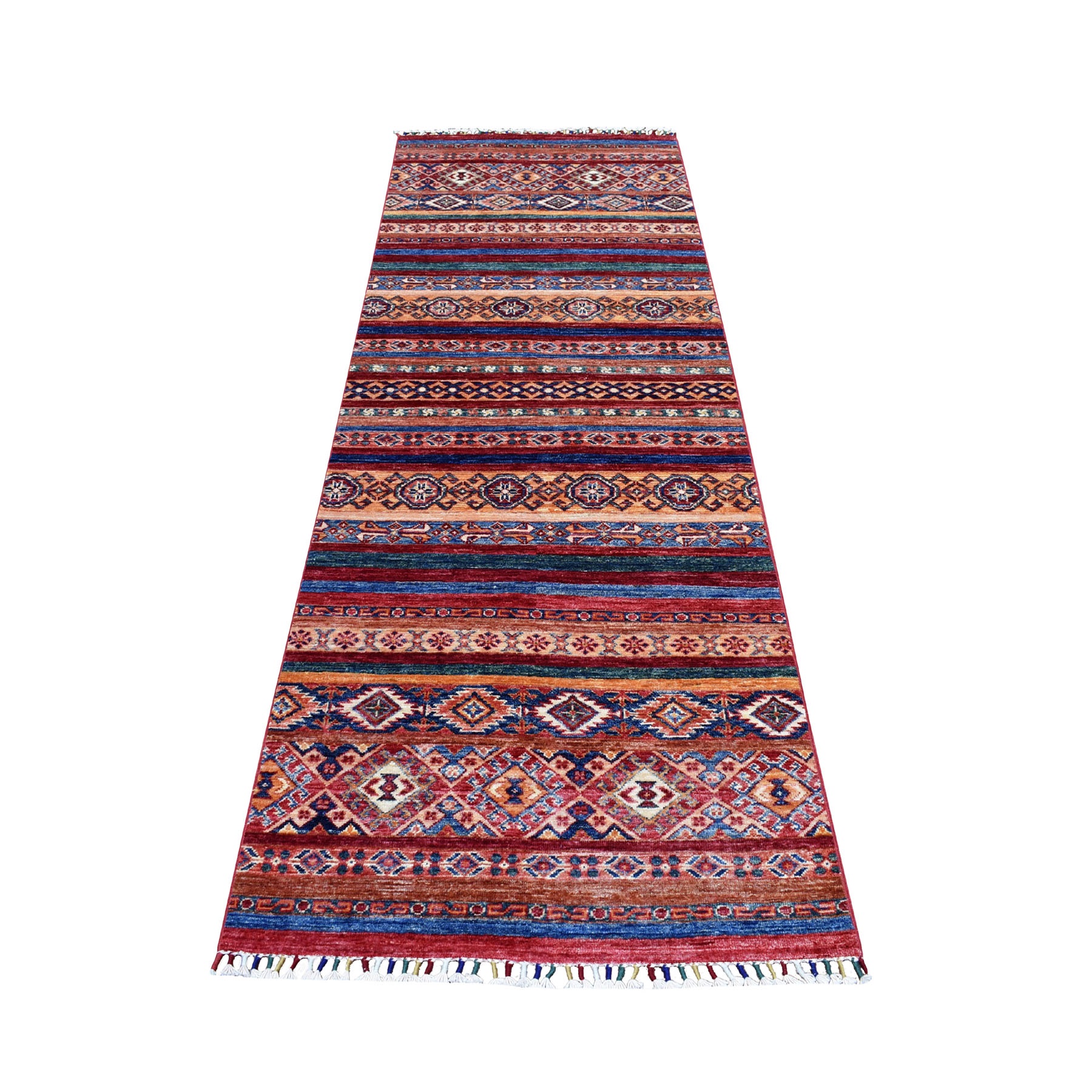 2'10"x8'3" Red Khorjin Design Runner Super Kazak Tribal Hand Woven Pure Wool Oriental Rug 