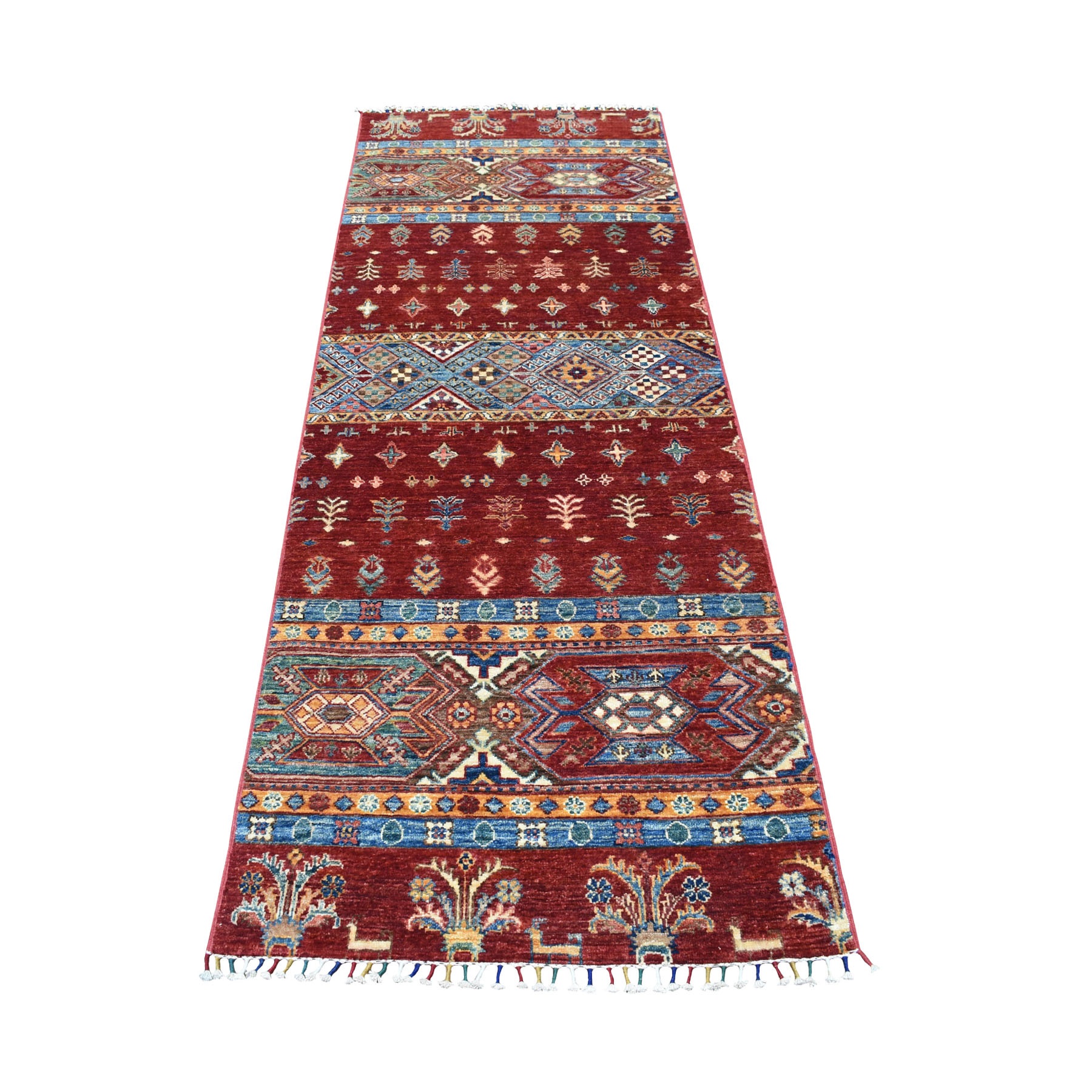 2'9"x7'10" Red Khorjin Design Runner Super Kazak Pictorial Hand Woven Oriental Rug 