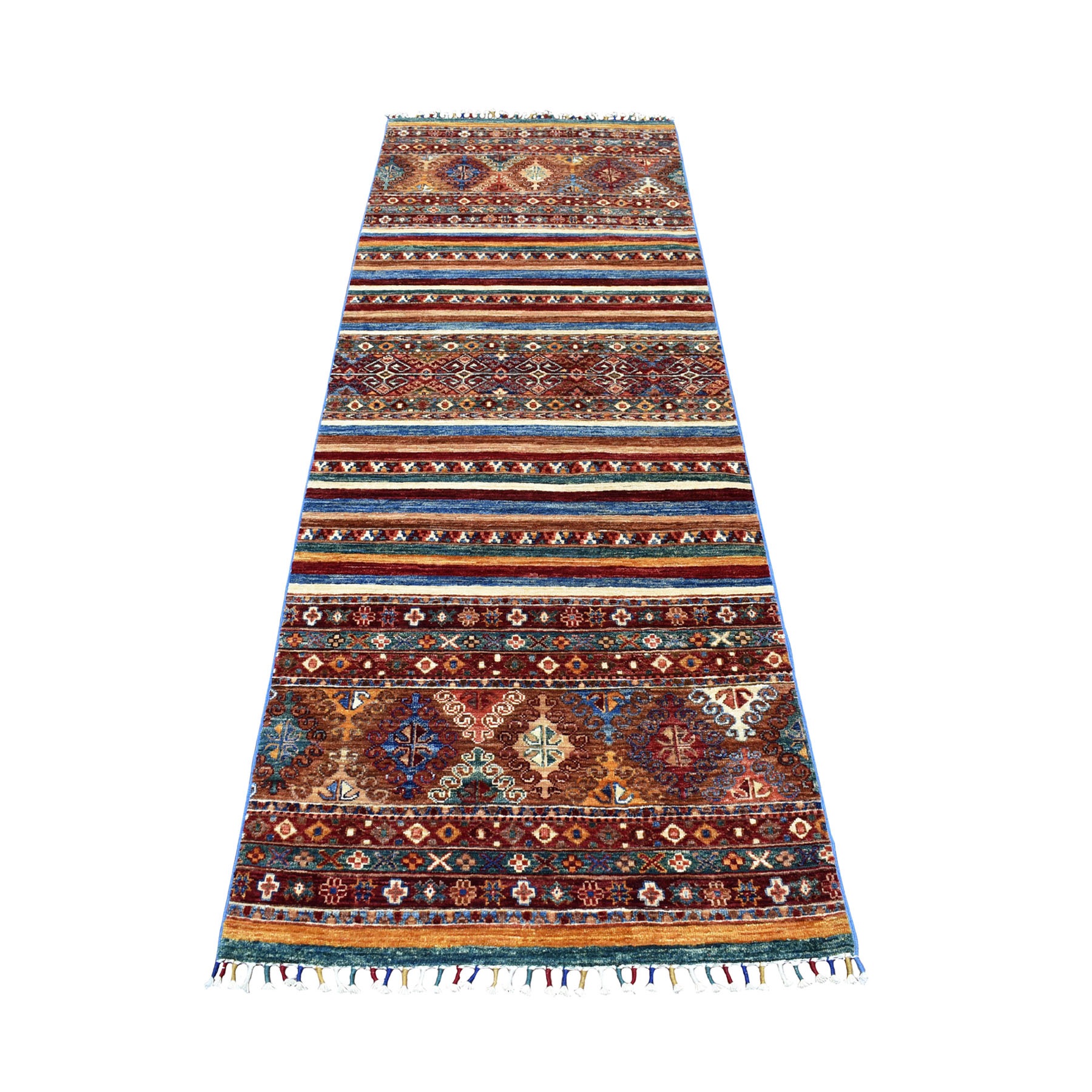 3'x8' Red Khorjin Design Runner Super Kazak Geometric Pure Wool Hand Woven Oriental Rug 