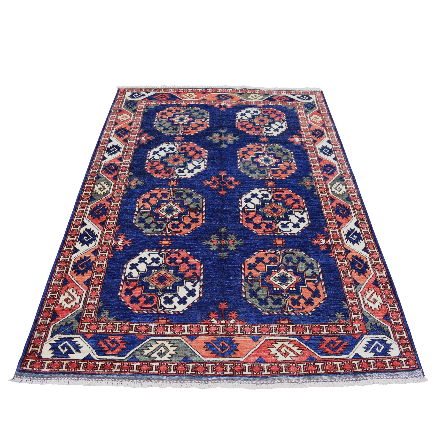 5'1"x6'8" Blue Afghan Ersari Natural Dyes Elephant Feet Design Pure Wool Hand Woven Oriental Rug 