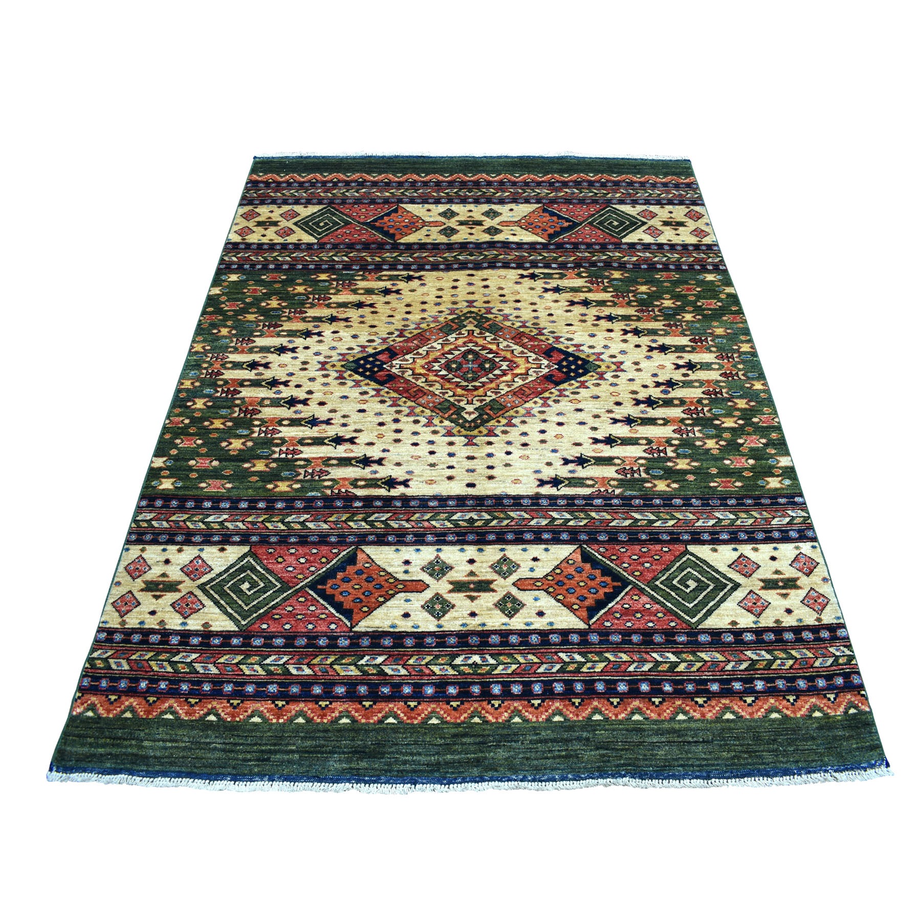 4'10"x6'3" Green Afghan Ersari Geometric Design Pure Wool Hand Woven Oriental Rug 